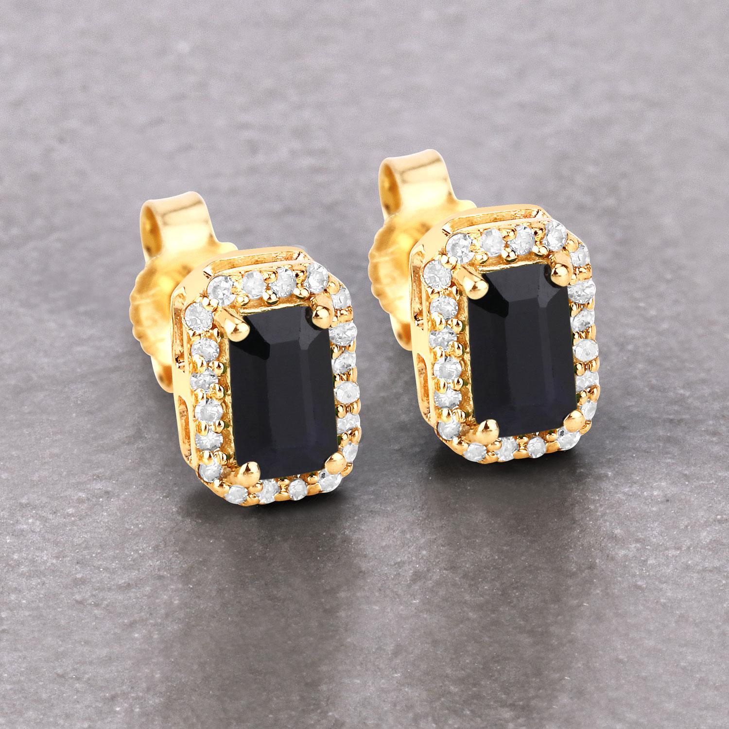 0.91 Carat Genuine Blue Sapphire and White Diamond 14K Yellow Gold Earrings