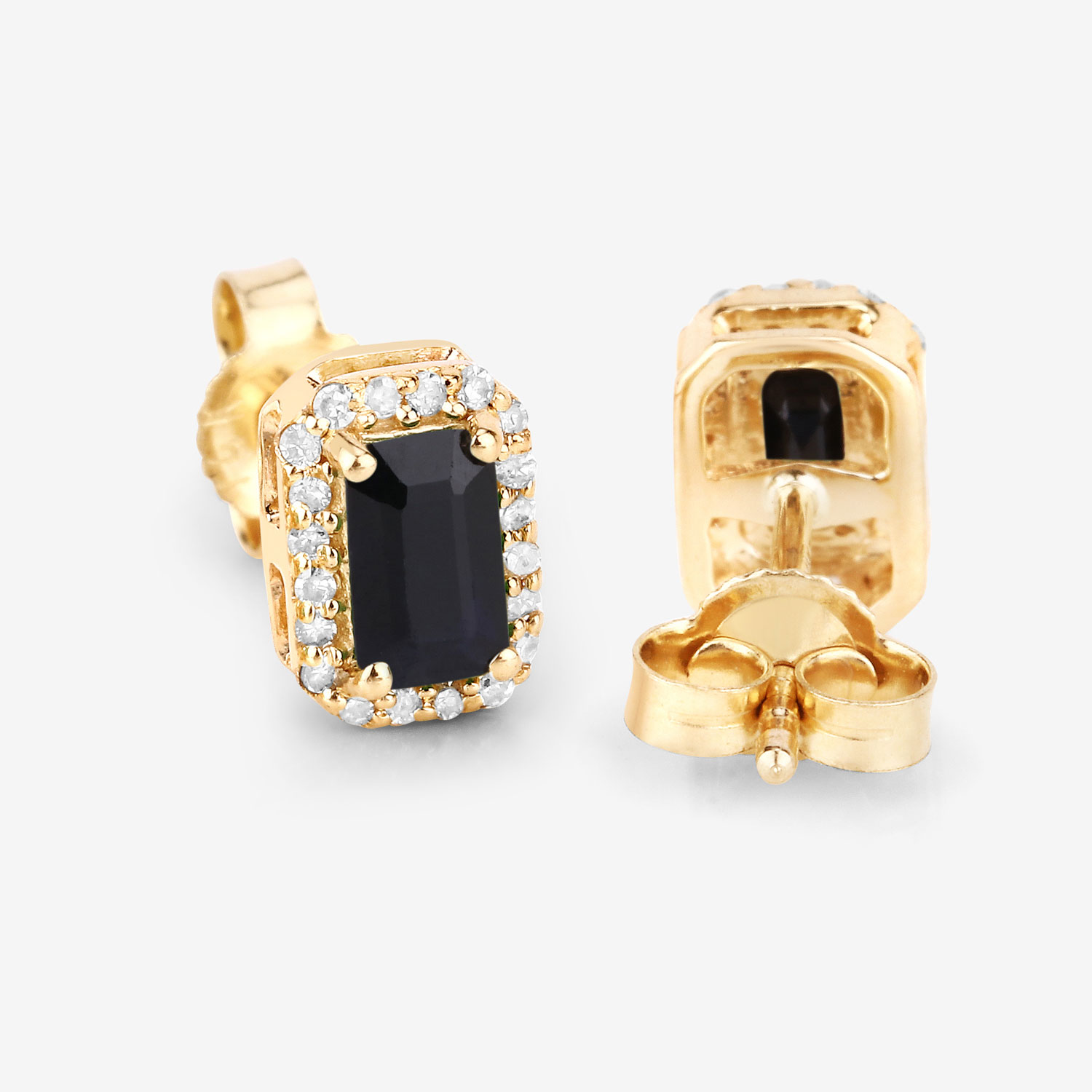 0.91 Carat Genuine Blue Sapphire and White Diamond 14K Yellow Gold Earrings