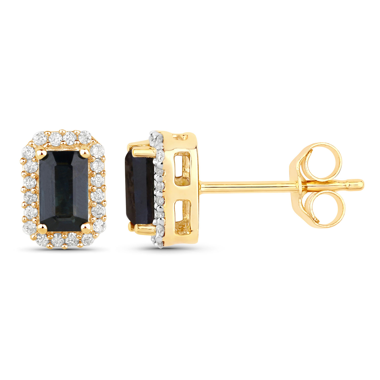 0.91 Carat Genuine Blue Sapphire and White Diamond 14K Yellow Gold Earrings