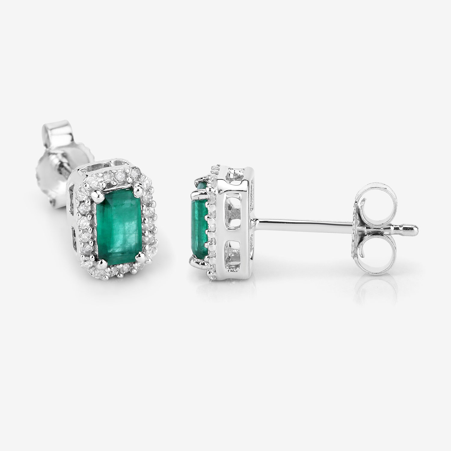0.91 Carat Genuine Zambian Emerald and White Diamond 14K White Gold Earrings