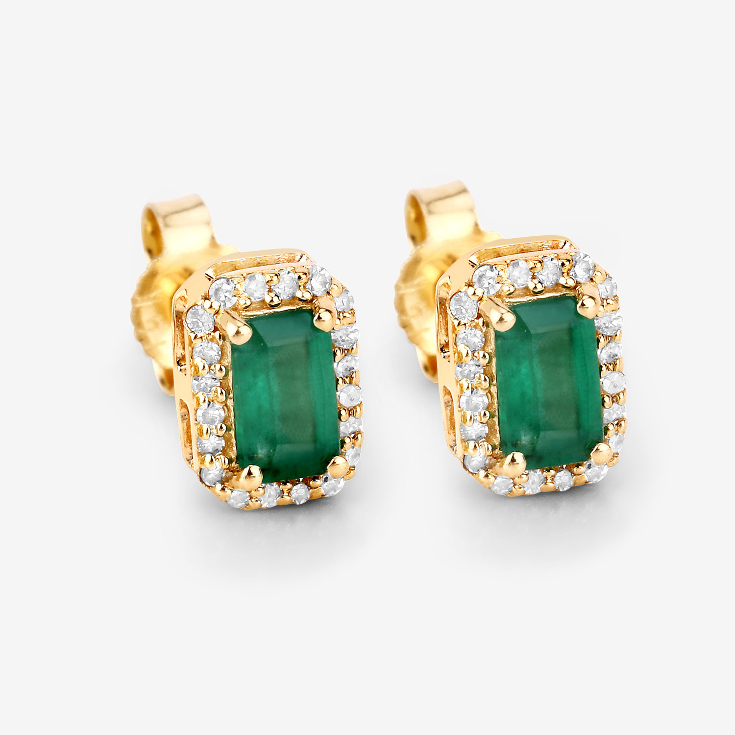 0.91 Carat Genuine Zambian Emerald and White Diamond 14K Yellow Gold Earrings