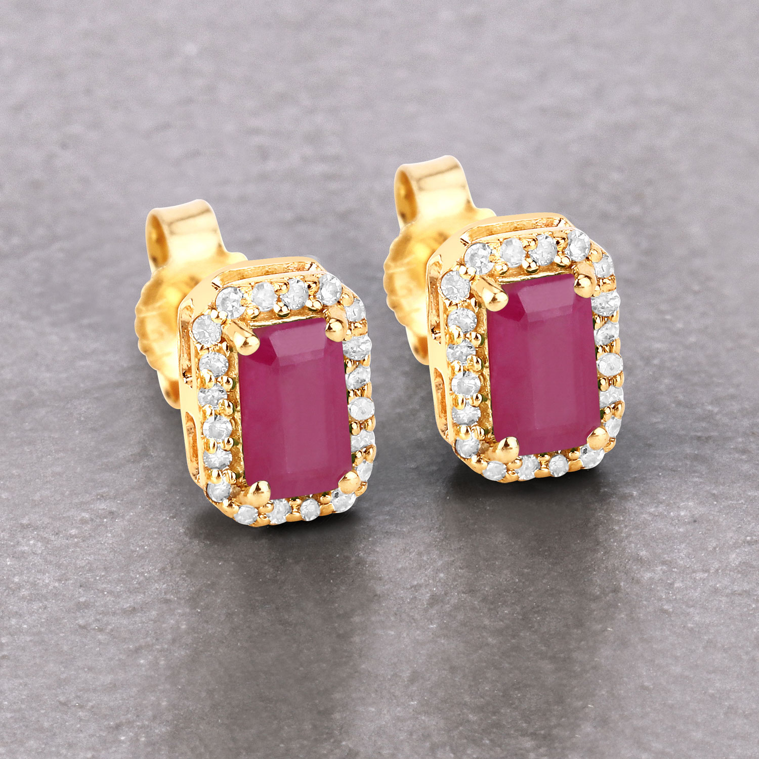 0.75 Carat Genuine Ruby and White Diamond 14K Yellow Gold Earrings