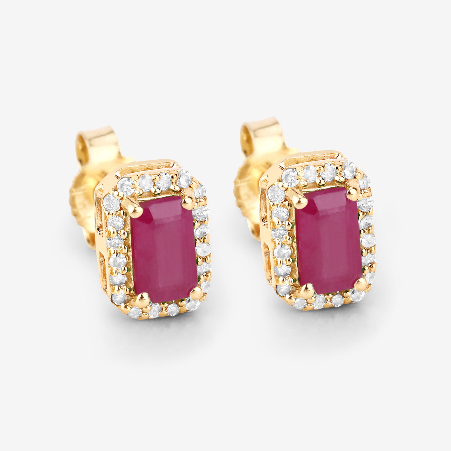 0.75 Carat Genuine Ruby and White Diamond 14K Yellow Gold Earrings