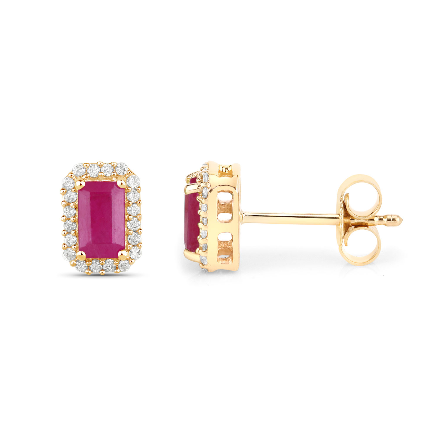 0.75 Carat Genuine Ruby and White Diamond 14K Yellow Gold Earrings