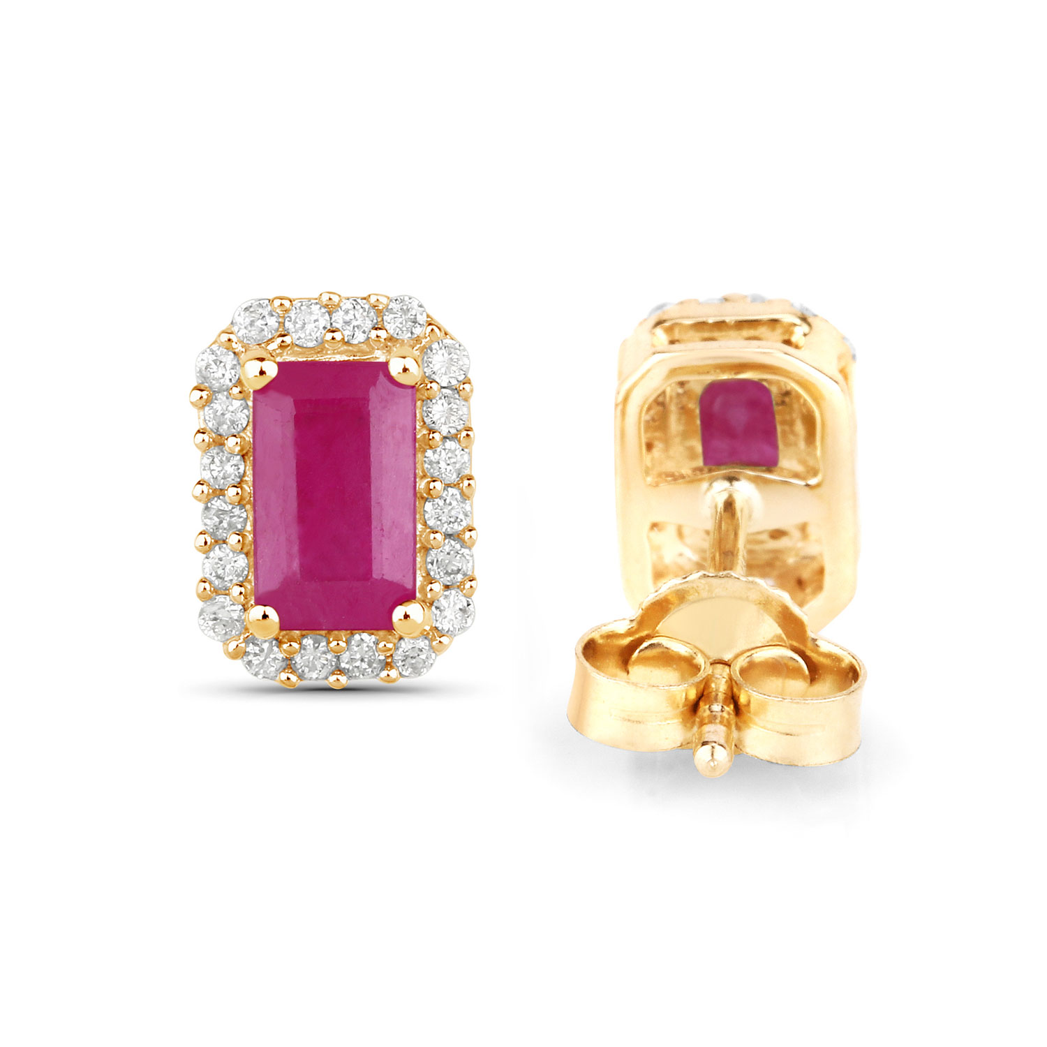 0.75 Carat Genuine Ruby and White Diamond 14K Yellow Gold Earrings