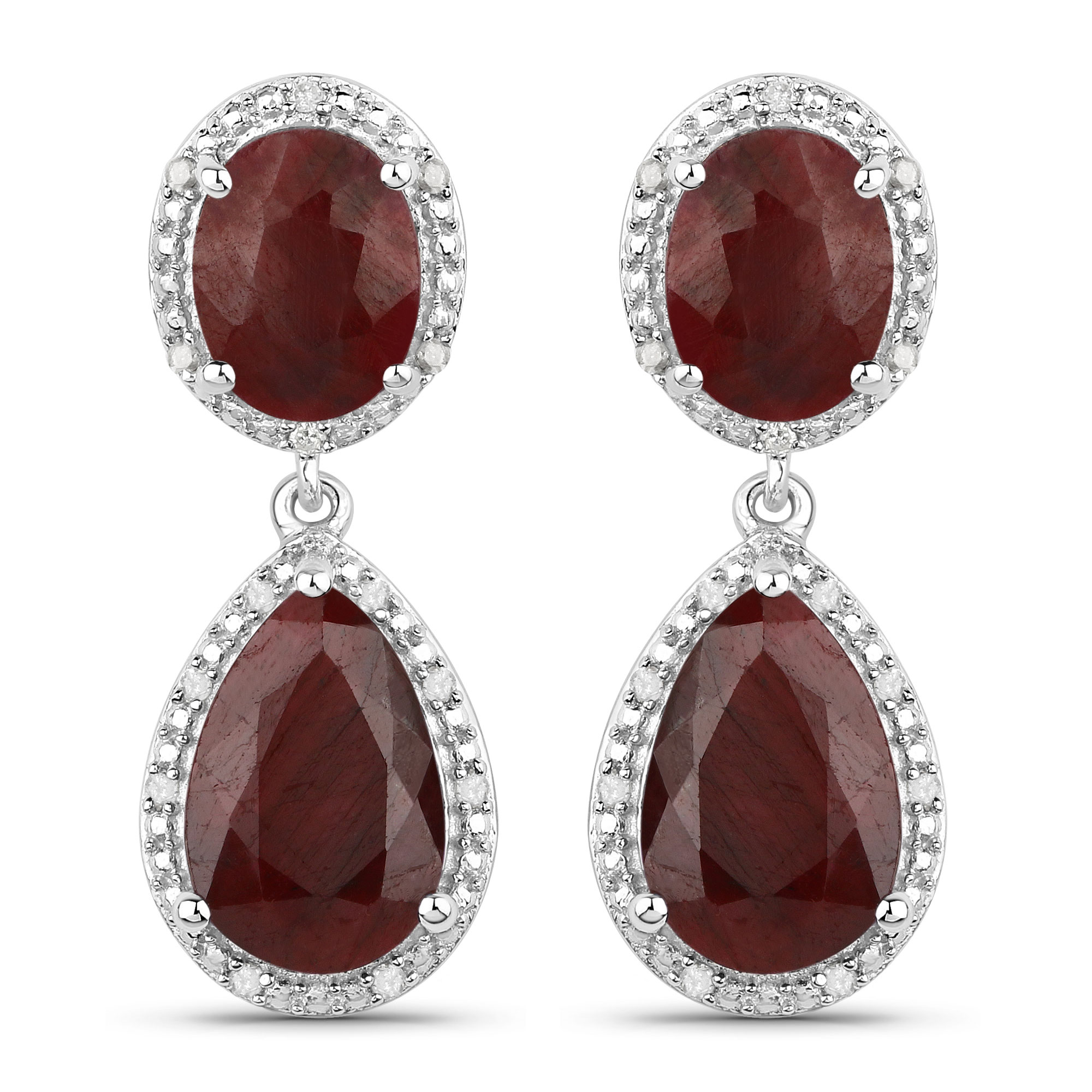 12.55 Carat Dyed Ruby and White Diamond .925 Sterling Silver Earrings