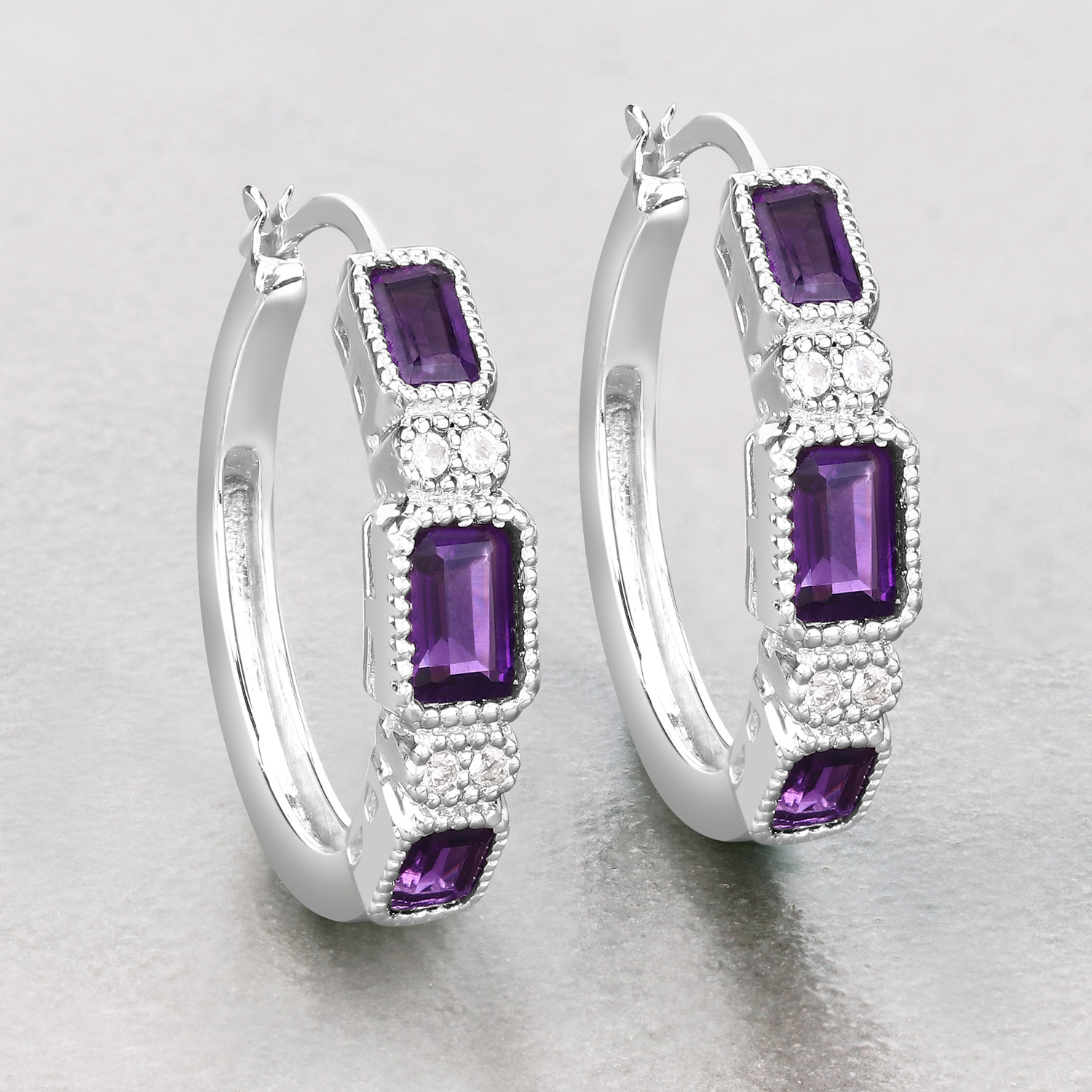 2.18 Carat Genuine Amethyst and White Topaz .925 Sterling Silver Earrings