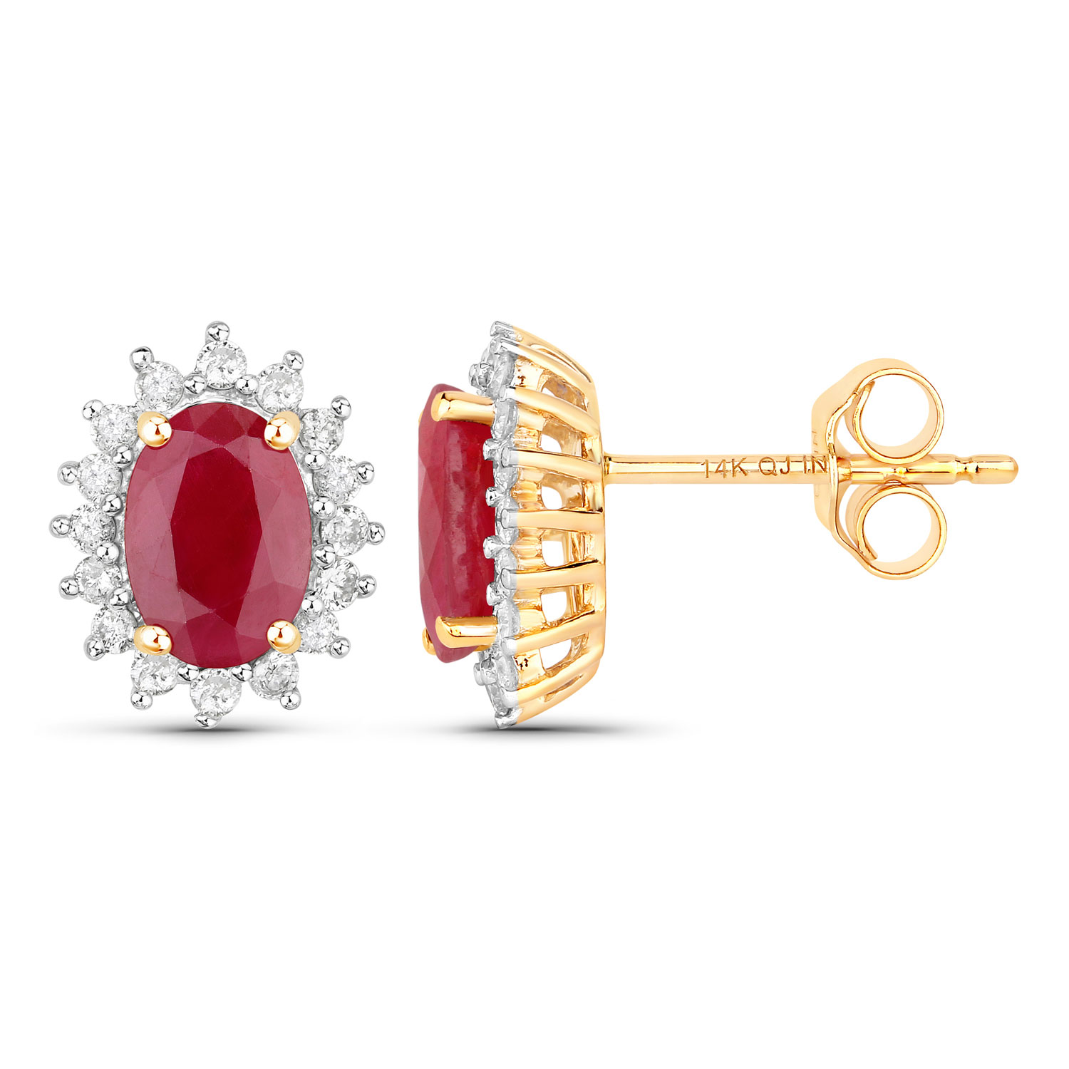 2.02 Carat Genuine Ruby and White Diamond 14K Yellow Gold Earrings