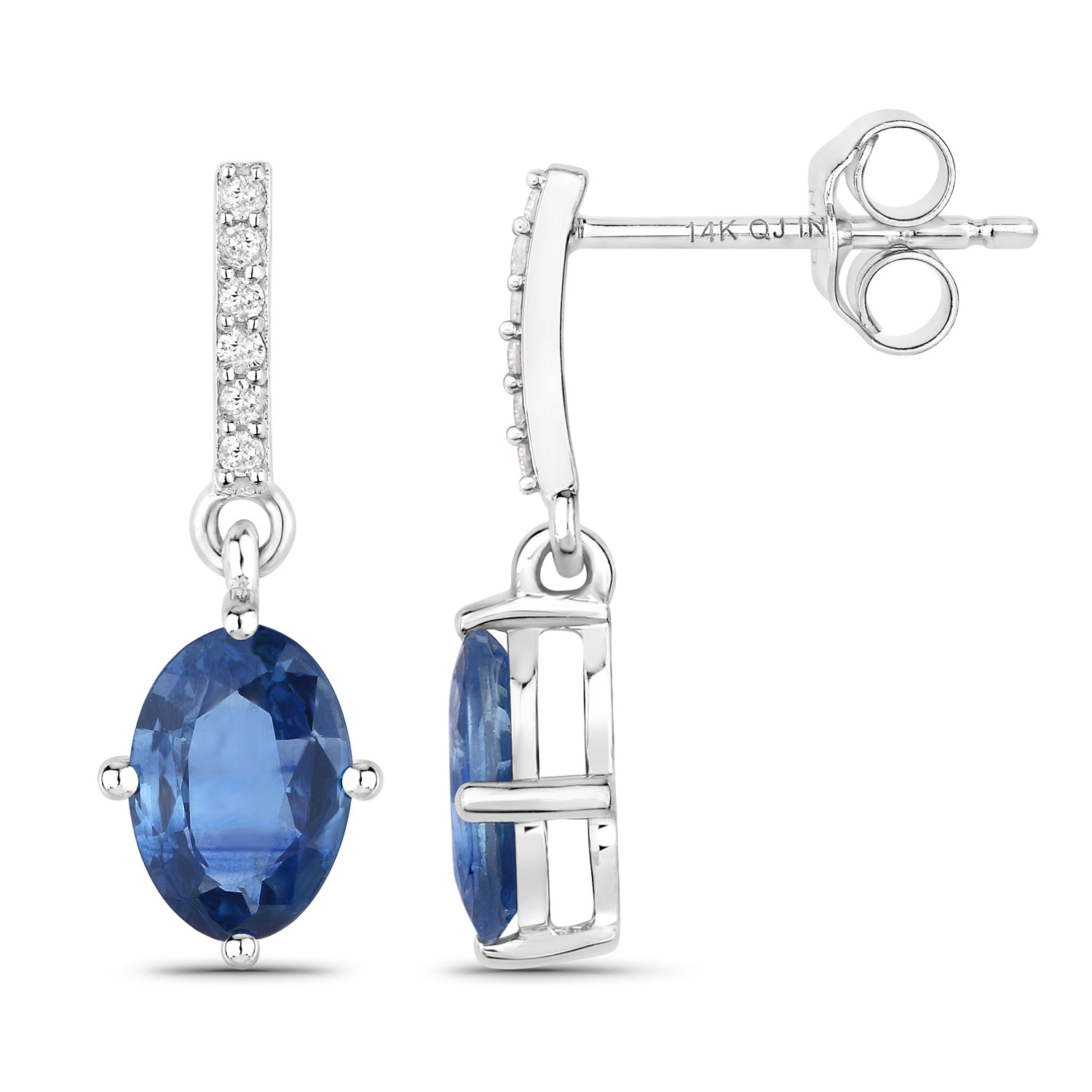 1.95 Carat Genuine Blue Sapphire and White Diamond 14K White Gold Earrings