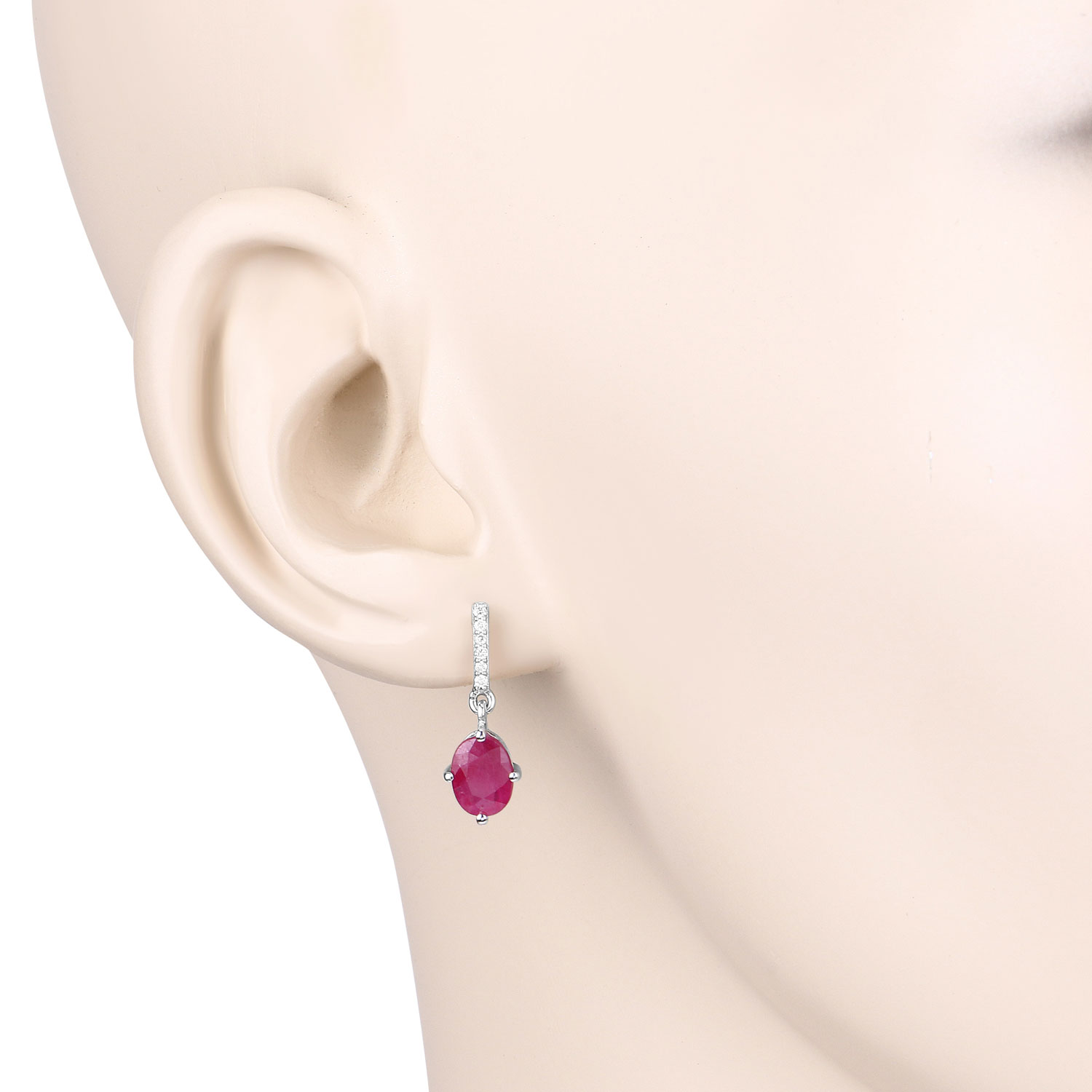 1.75 Carat Genuine Ruby and White Diamond 10K White Gold Earrings