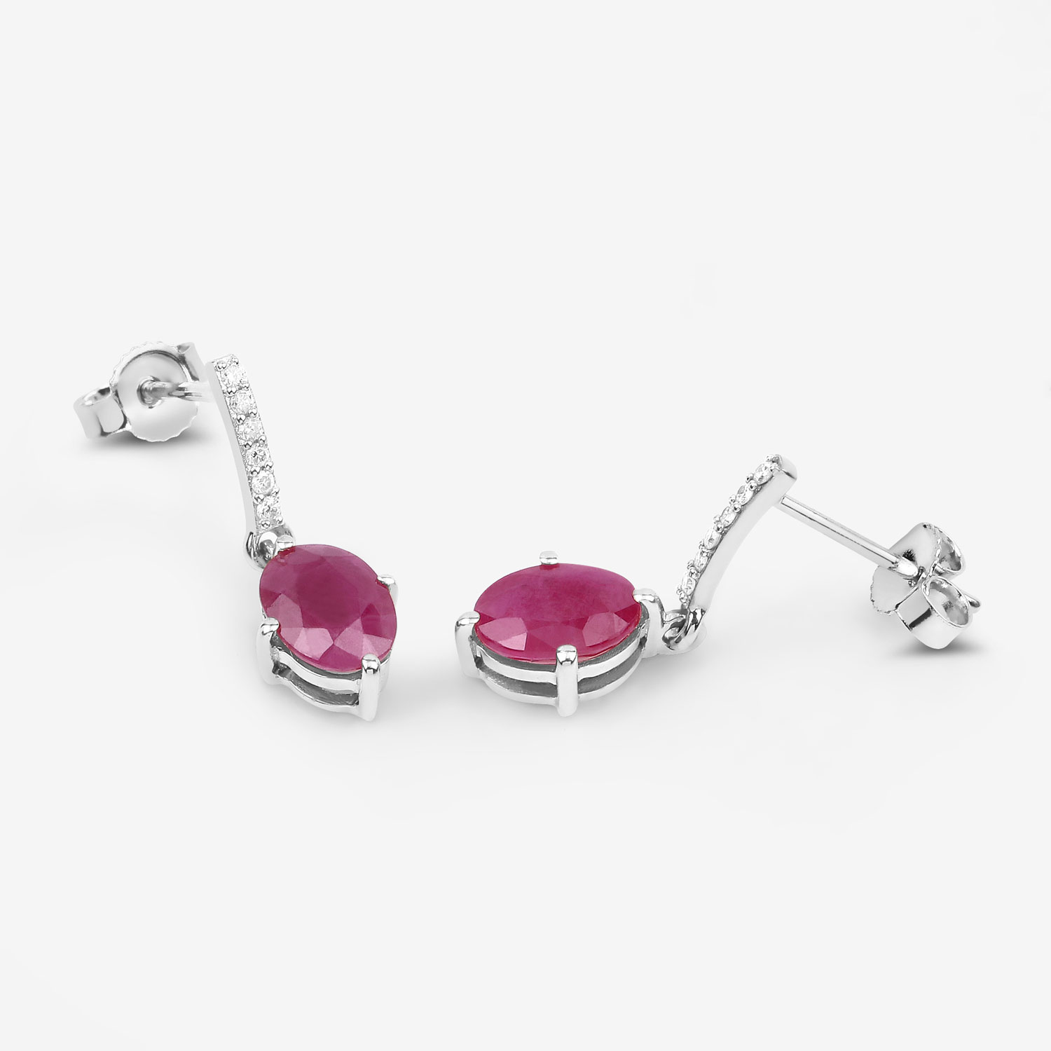 1.75 Carat Genuine Ruby and White Diamond 10K White Gold Earrings