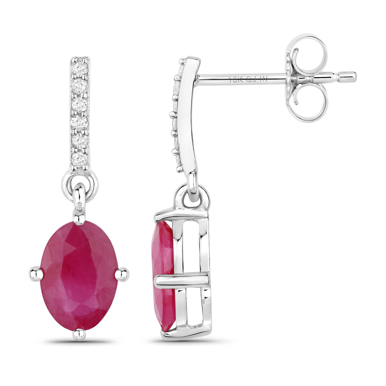 1.75 Carat Genuine Ruby and White Diamond 10K White Gold Earrings
