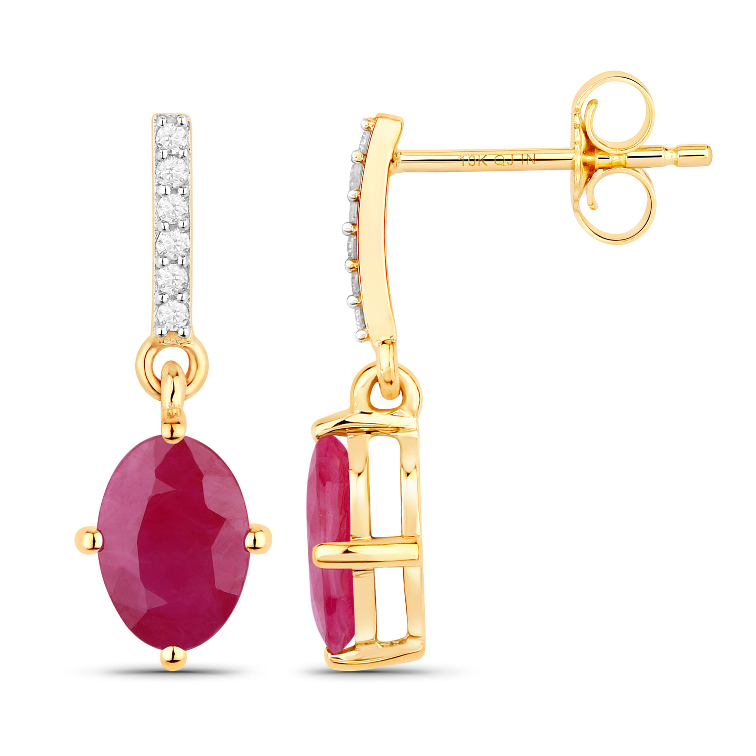 1.75 Carat Genuine Ruby and White Diamond 10K Yellow Gold Earrings