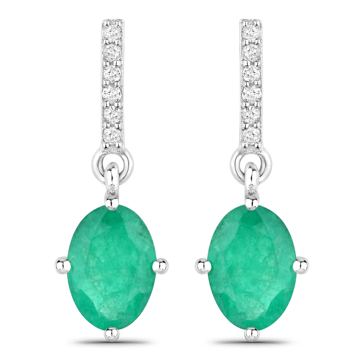 1.49 Carat Genuine Zambian Emerald and White Diamond 14K White Gold Earrings