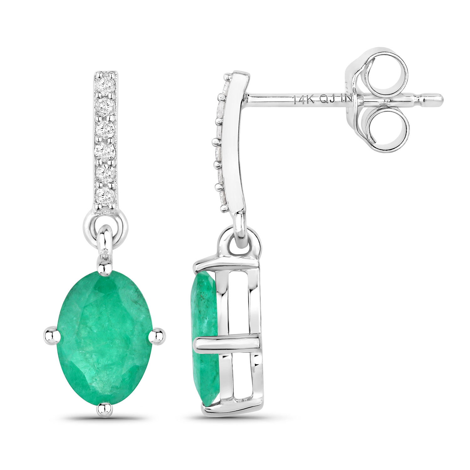 1.49 Carat Genuine Zambian Emerald and White Diamond 14K White Gold Earrings