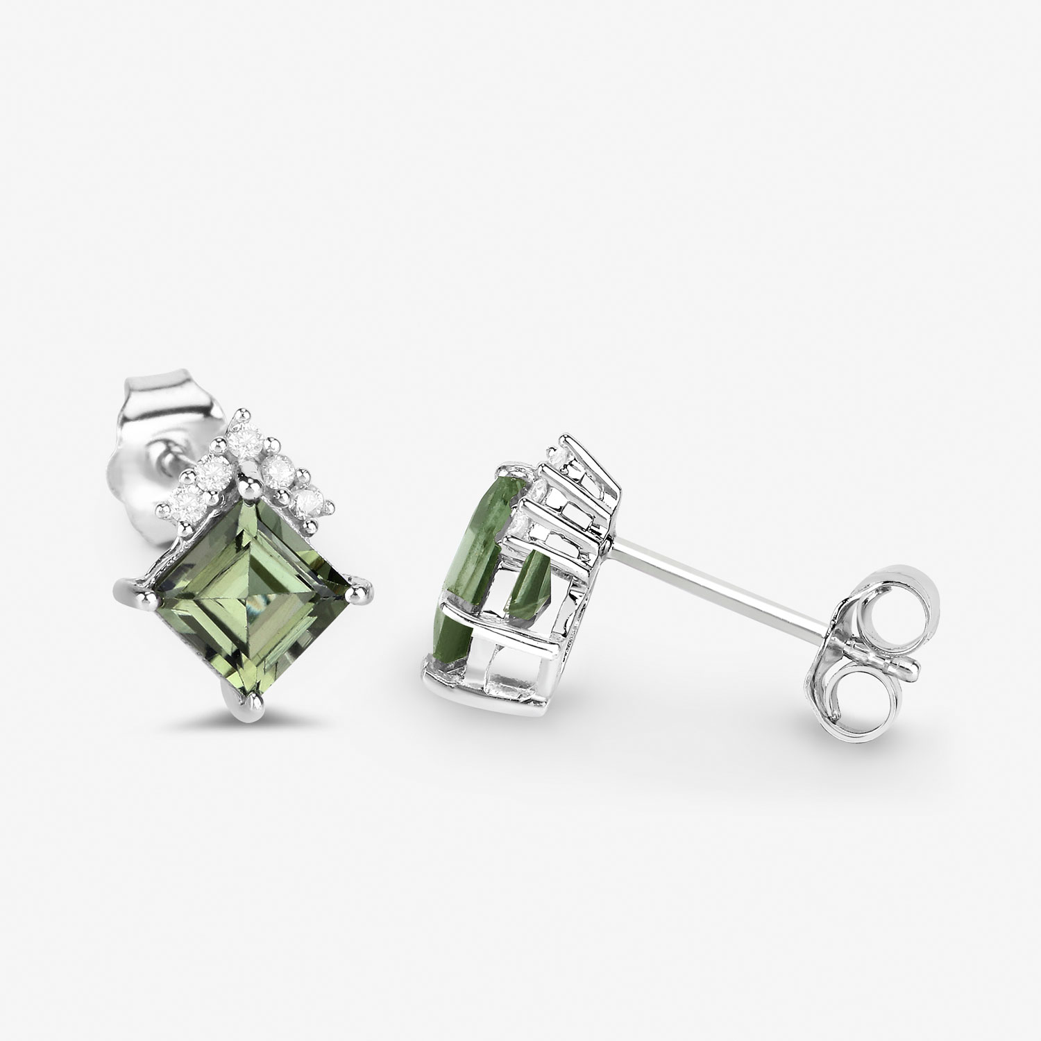 1.66 Carat Genuine Green Tourmaline and White Diamond 14K White Gold Earrings