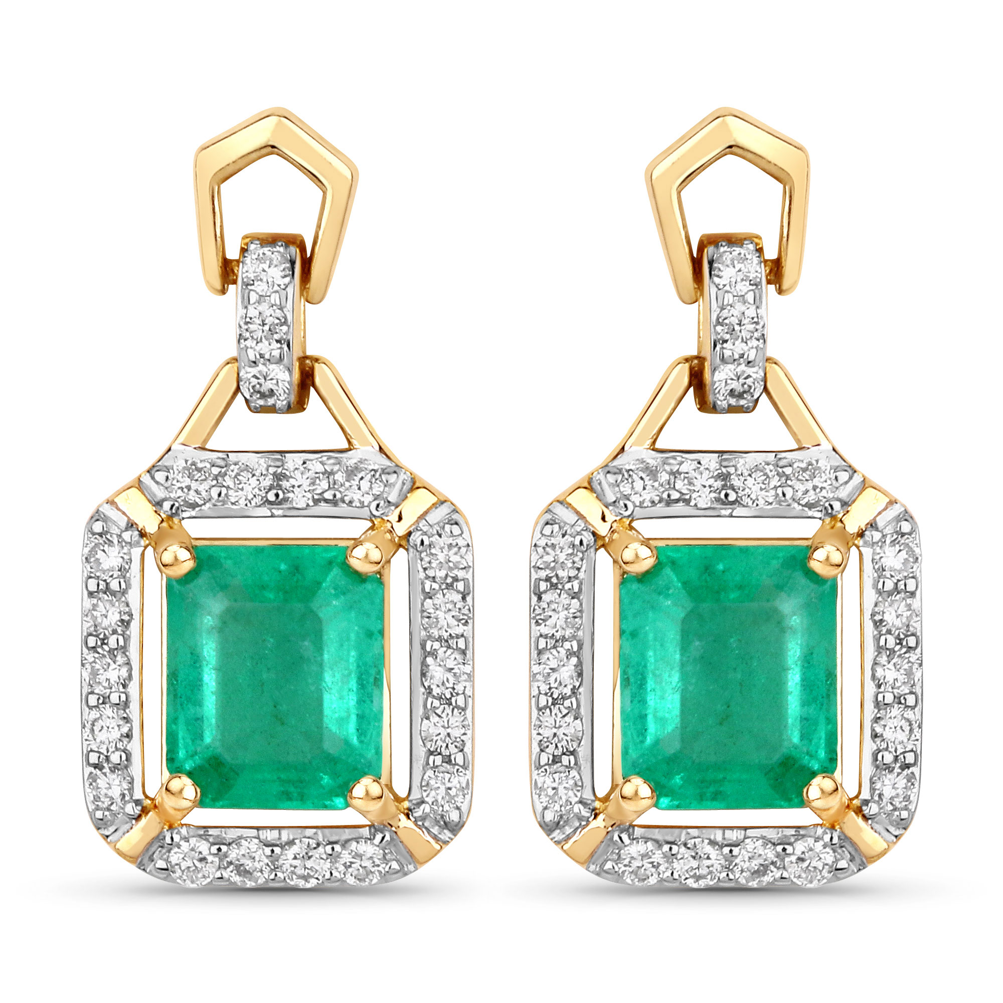 1.83 Carat Genuine Emerald and White Diamond 14K Yellow Gold Earrings