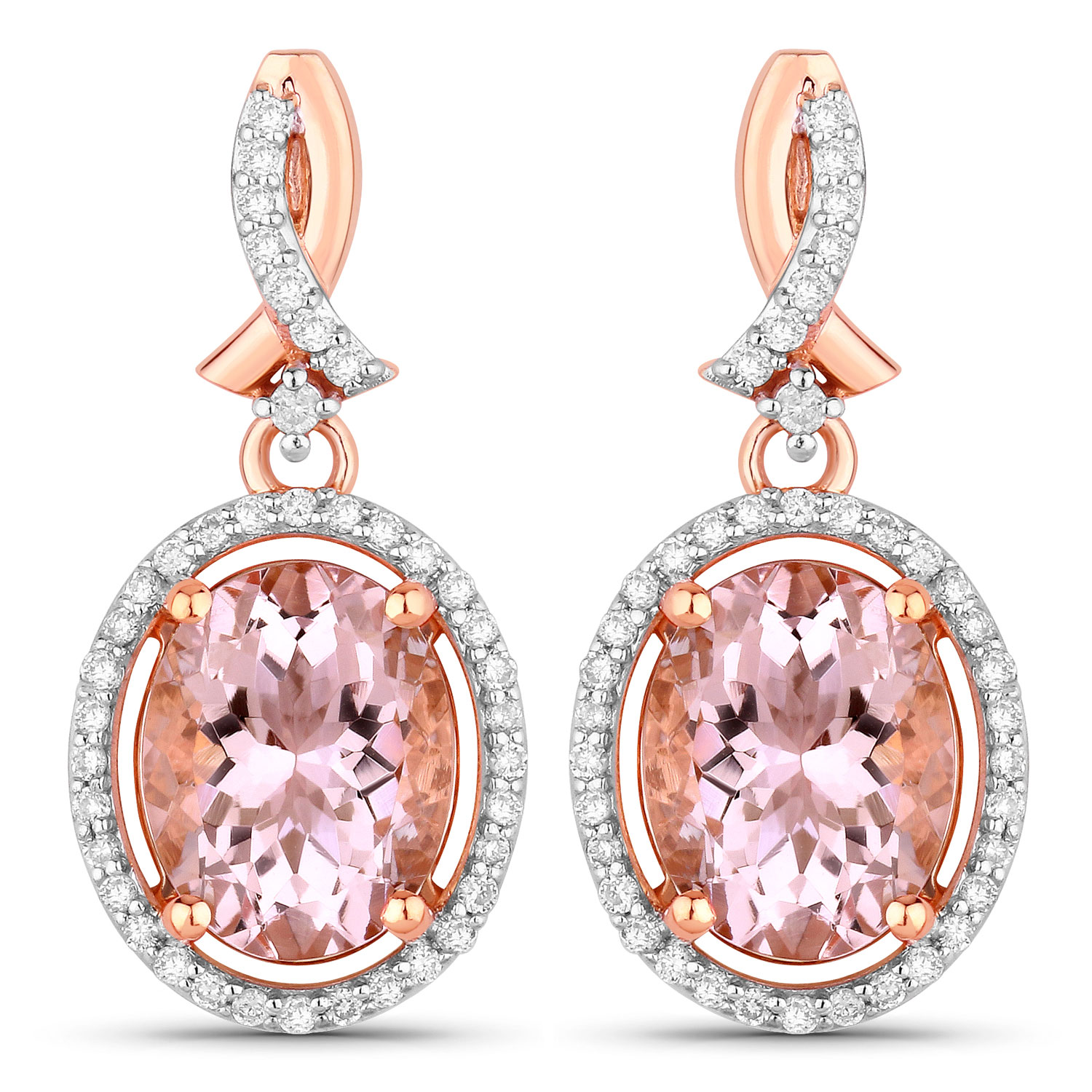 3.71 Carat Genuine Morganite and White Diamond 14K Rose Gold Earrings