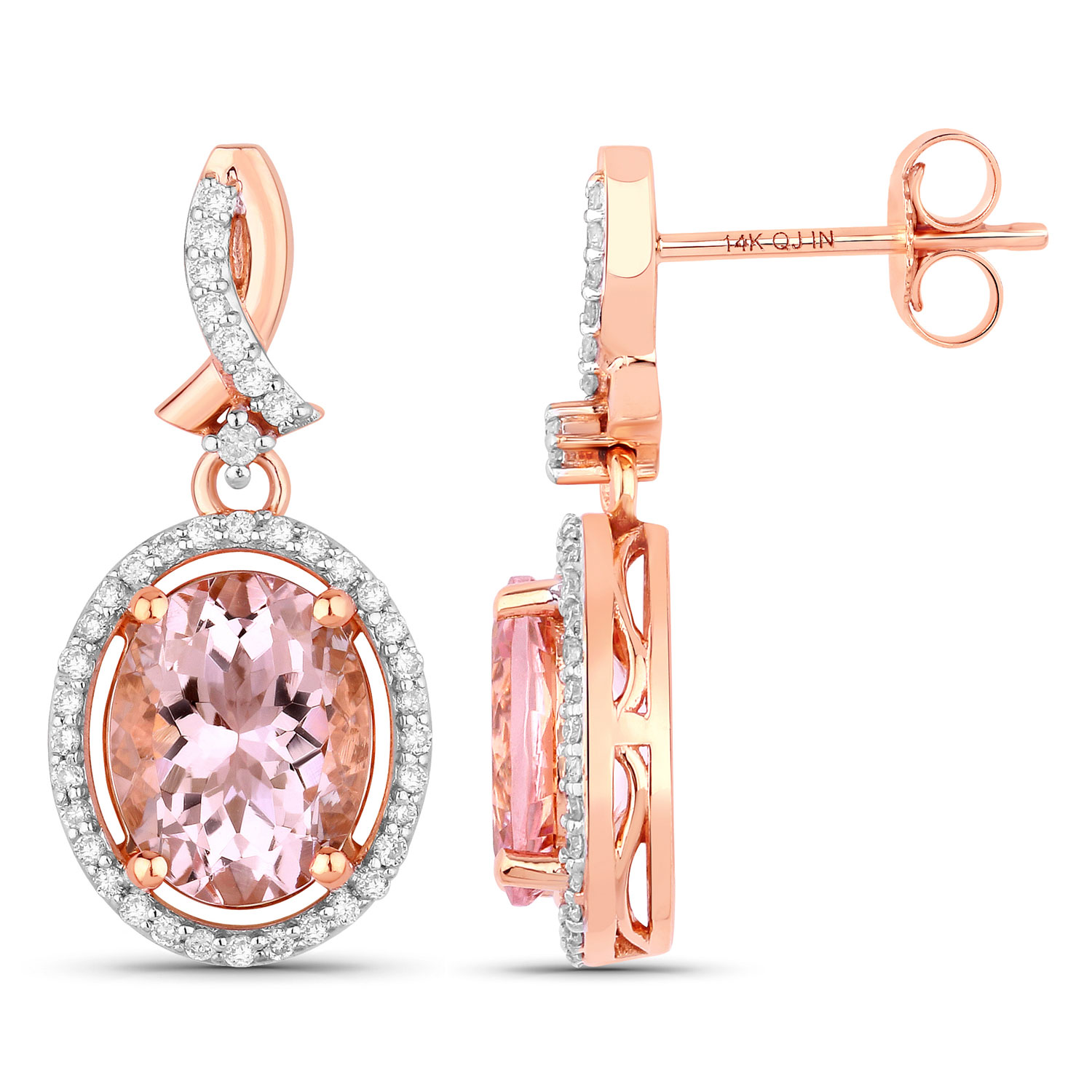 3.71 Carat Genuine Morganite and White Diamond 14K Rose Gold Earrings