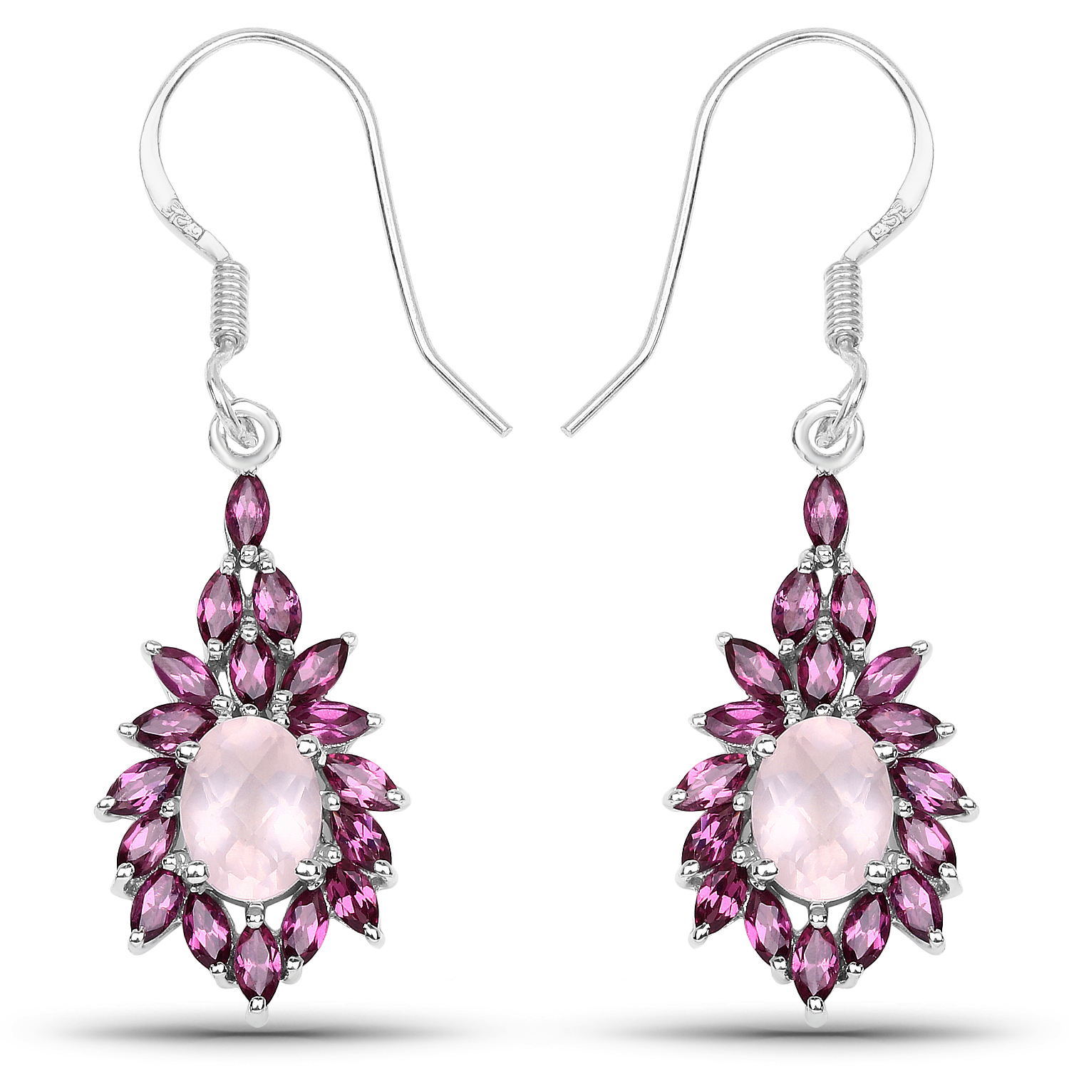 5.28 Carat Genuine Rose Quartz and Rhodolite .925 Sterling Silver Earrings