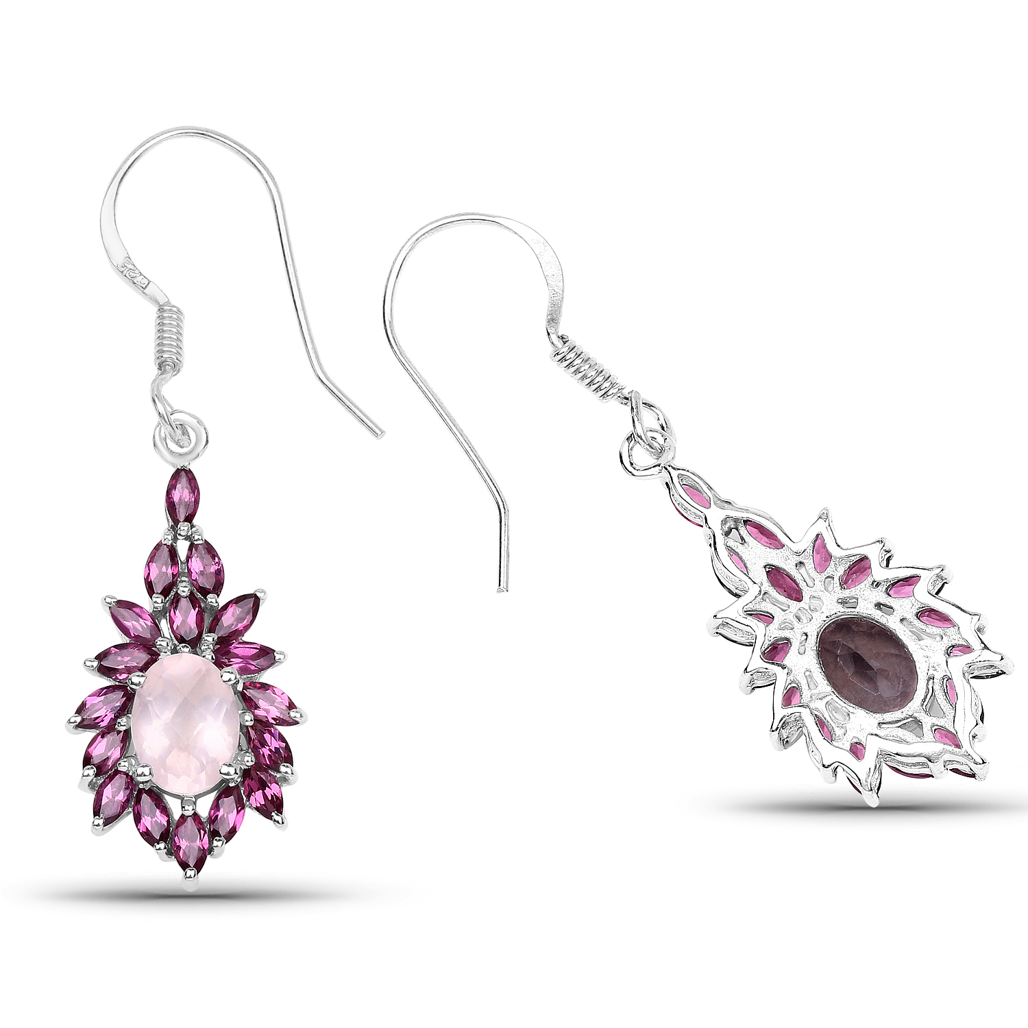 5.28 Carat Genuine Rose Quartz and Rhodolite .925 Sterling Silver Earrings