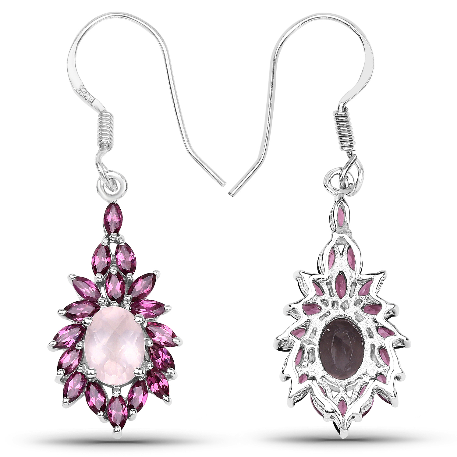5.28 Carat Genuine Rose Quartz and Rhodolite .925 Sterling Silver Earrings