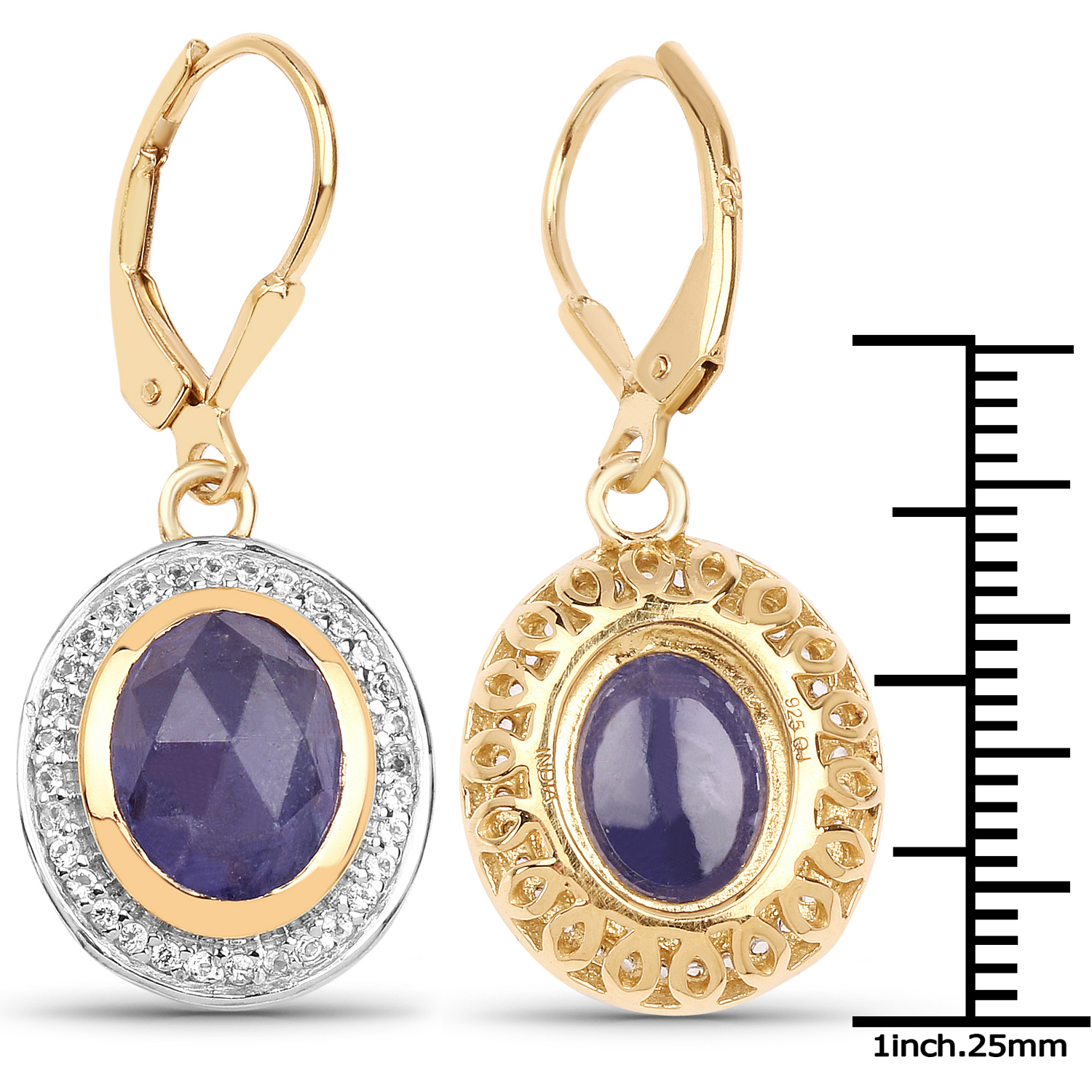 14K Yellow Gold Plated 7.42 Carat Genuine Tanzanite and White Topaz .925 Sterling Silver Earrings