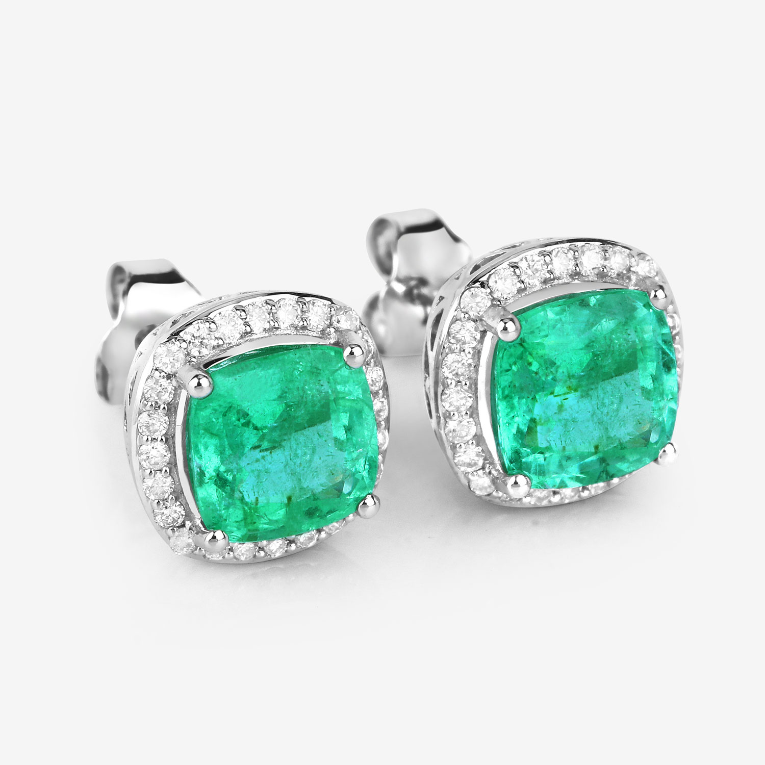 2.87 Carat Genuine Ethiopian Emerald and White Diamond 14K White Gold Earrings