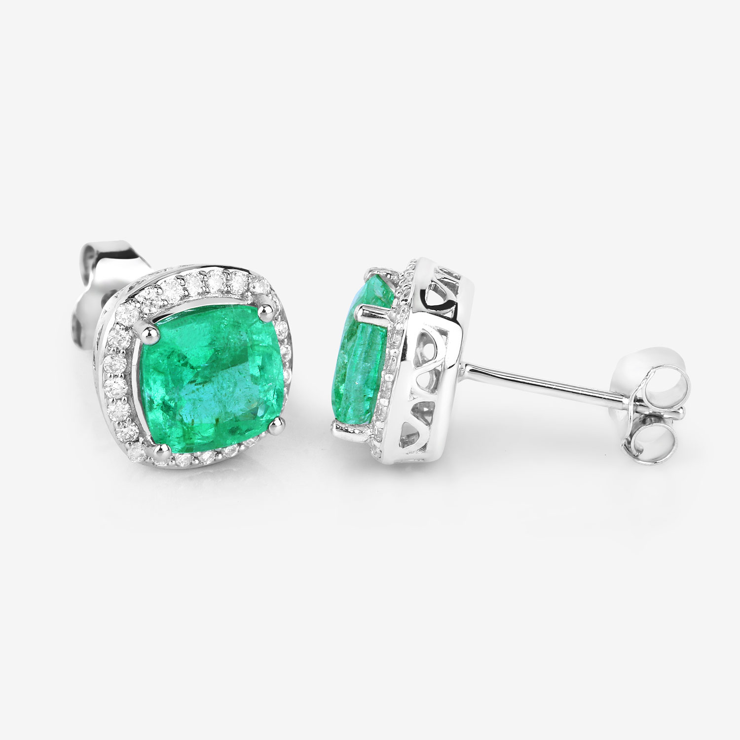 2.87 Carat Genuine Ethiopian Emerald and White Diamond 14K White Gold Earrings