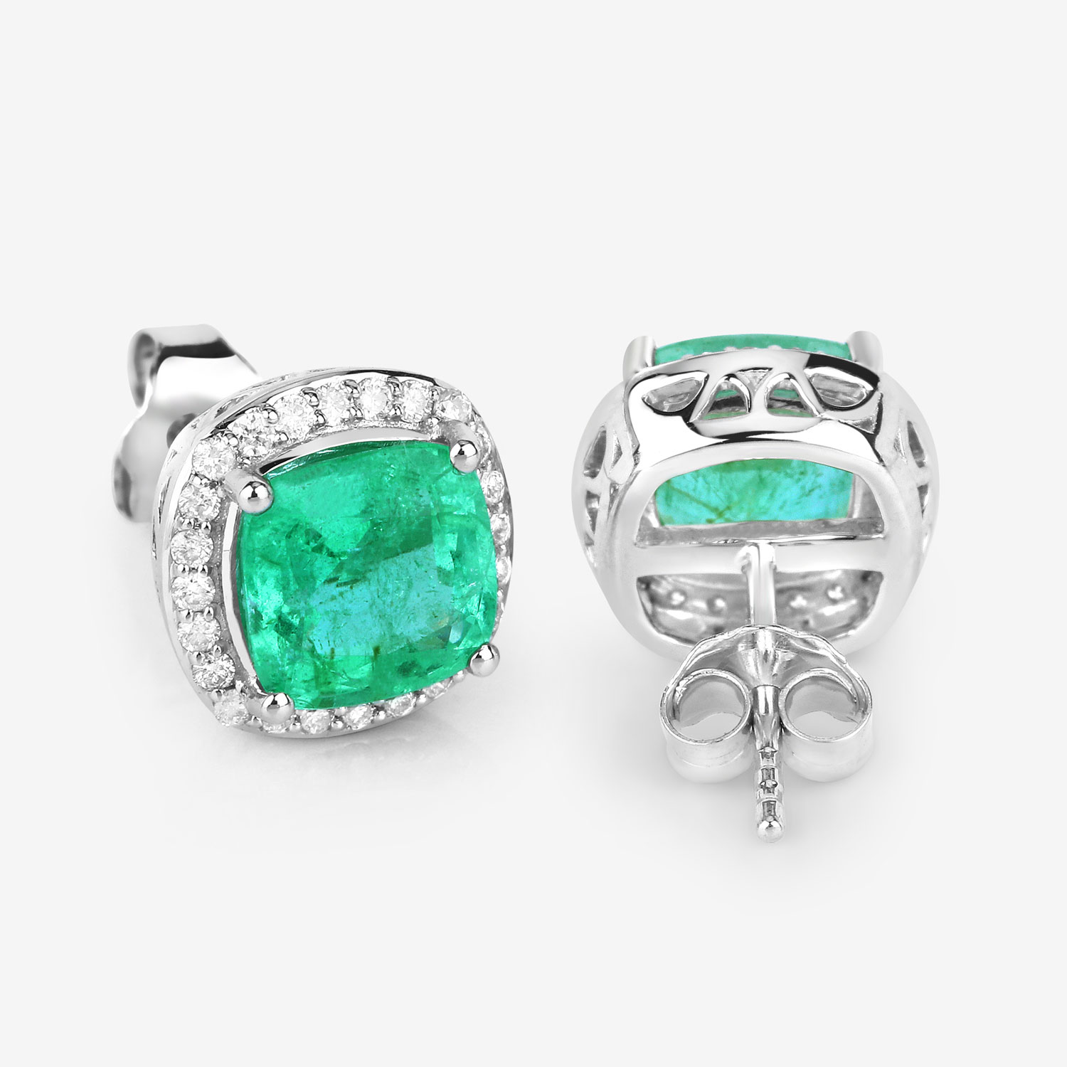 2.87 Carat Genuine Ethiopian Emerald and White Diamond 14K White Gold Earrings