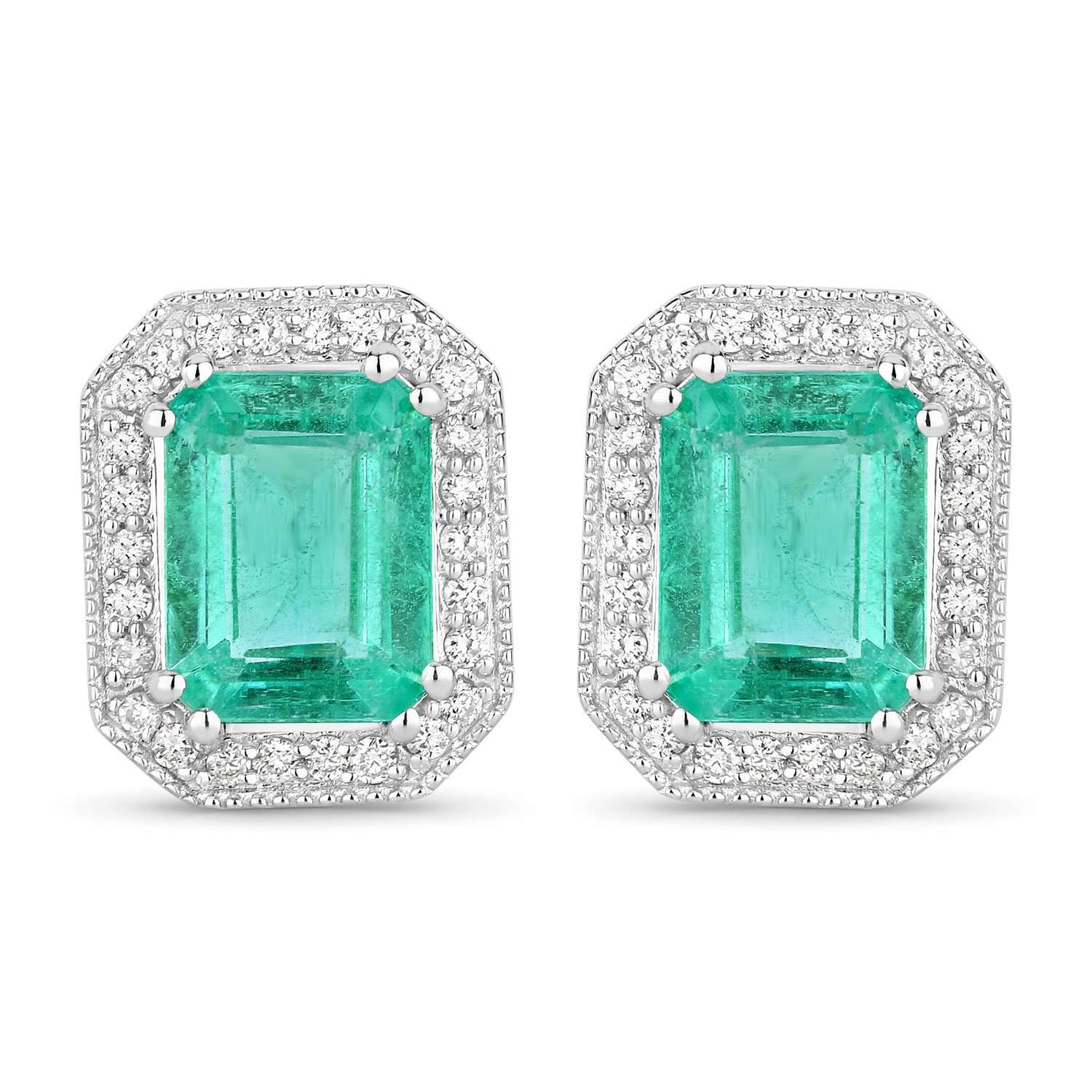 2.99 Carat Genuine Ethiopian Emerald and White Diamond 14K White Gold Earrings