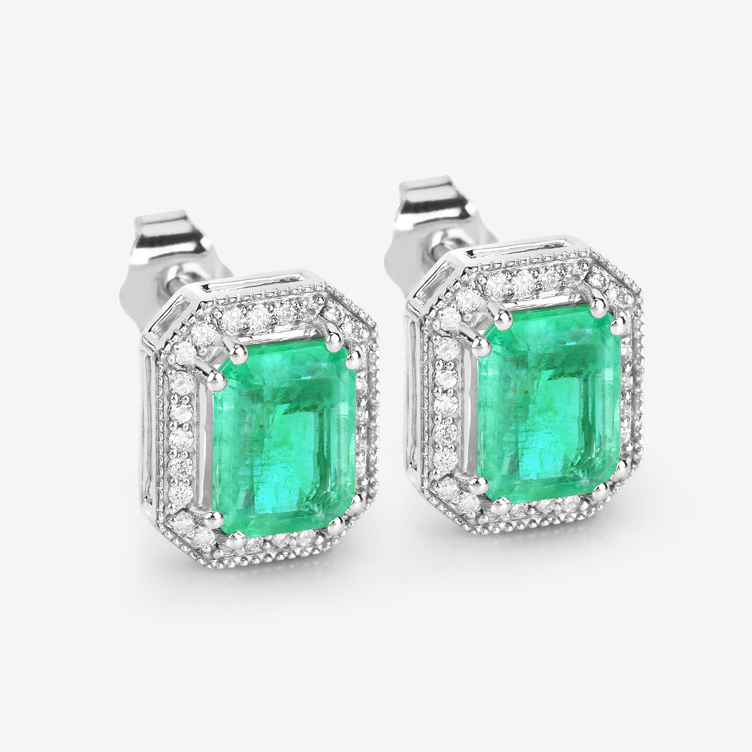 2.99 Carat Genuine Ethiopian Emerald and White Diamond 14K White Gold Earrings