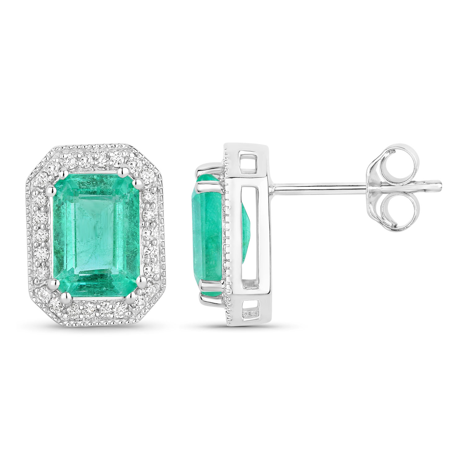 2.99 Carat Genuine Ethiopian Emerald and White Diamond 14K White Gold Earrings
