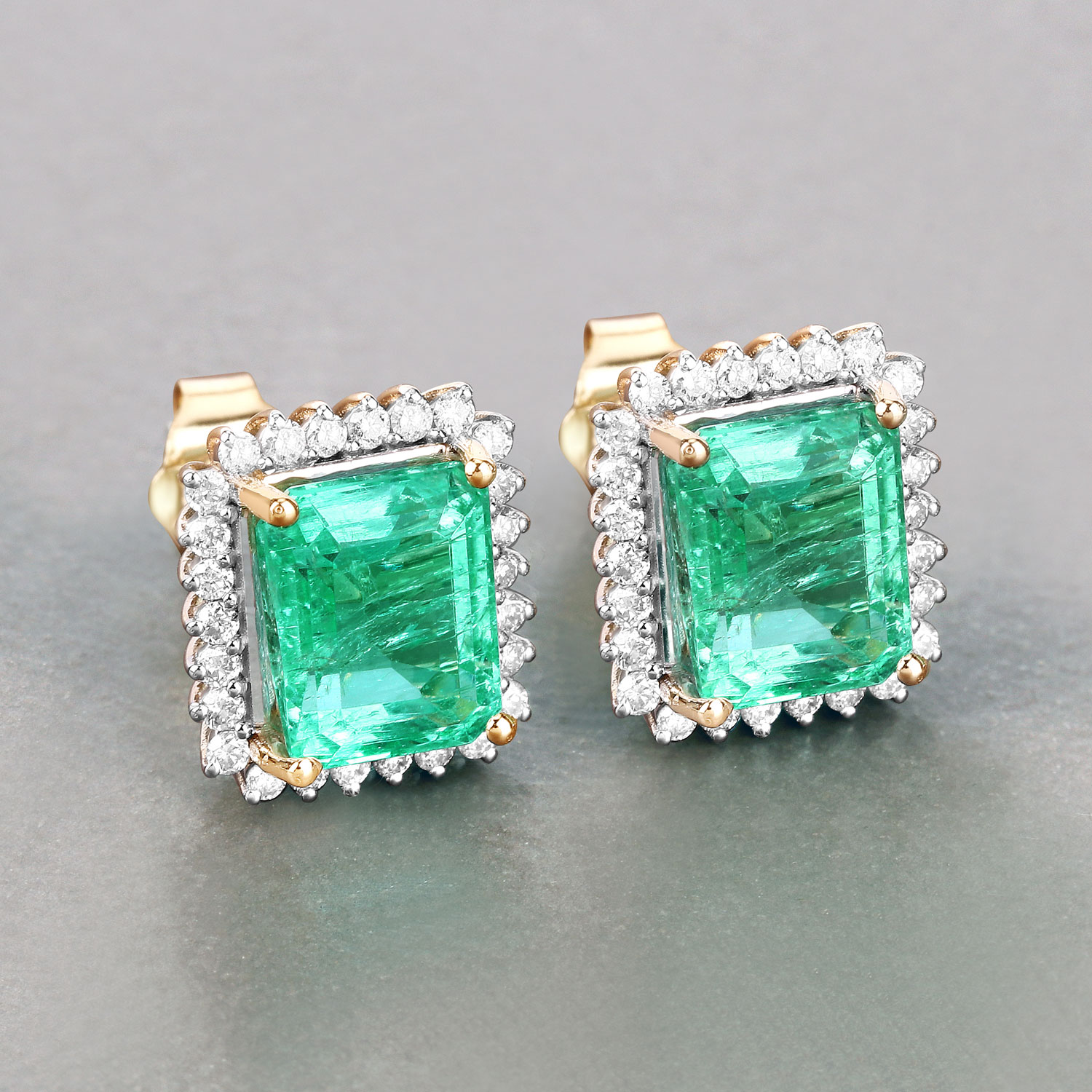 4.96 Carat Genuine Ethiopian Emerald and White Diamond 14K Yellow Gold Earrings
