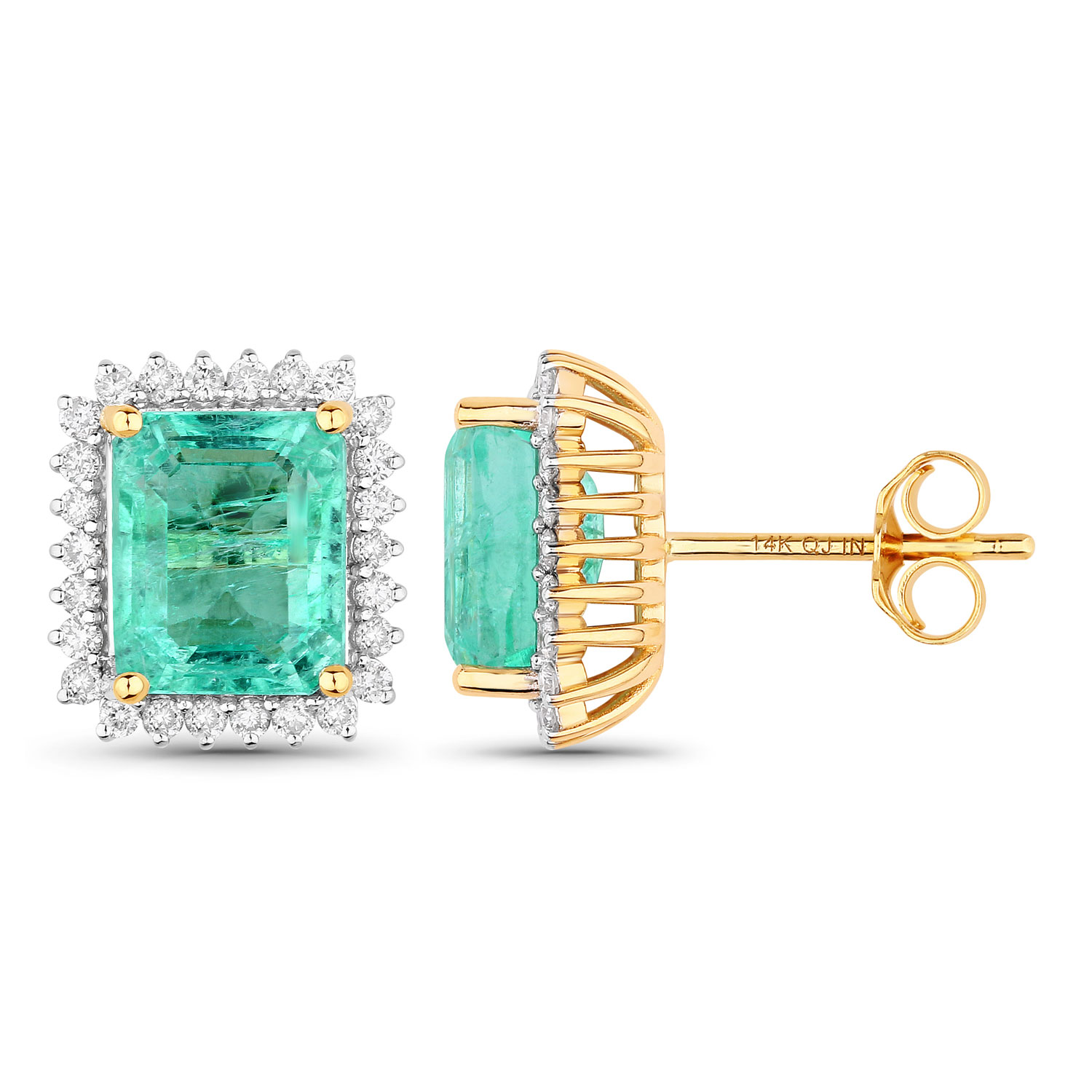 4.96 Carat Genuine Ethiopian Emerald and White Diamond 14K Yellow Gold Earrings