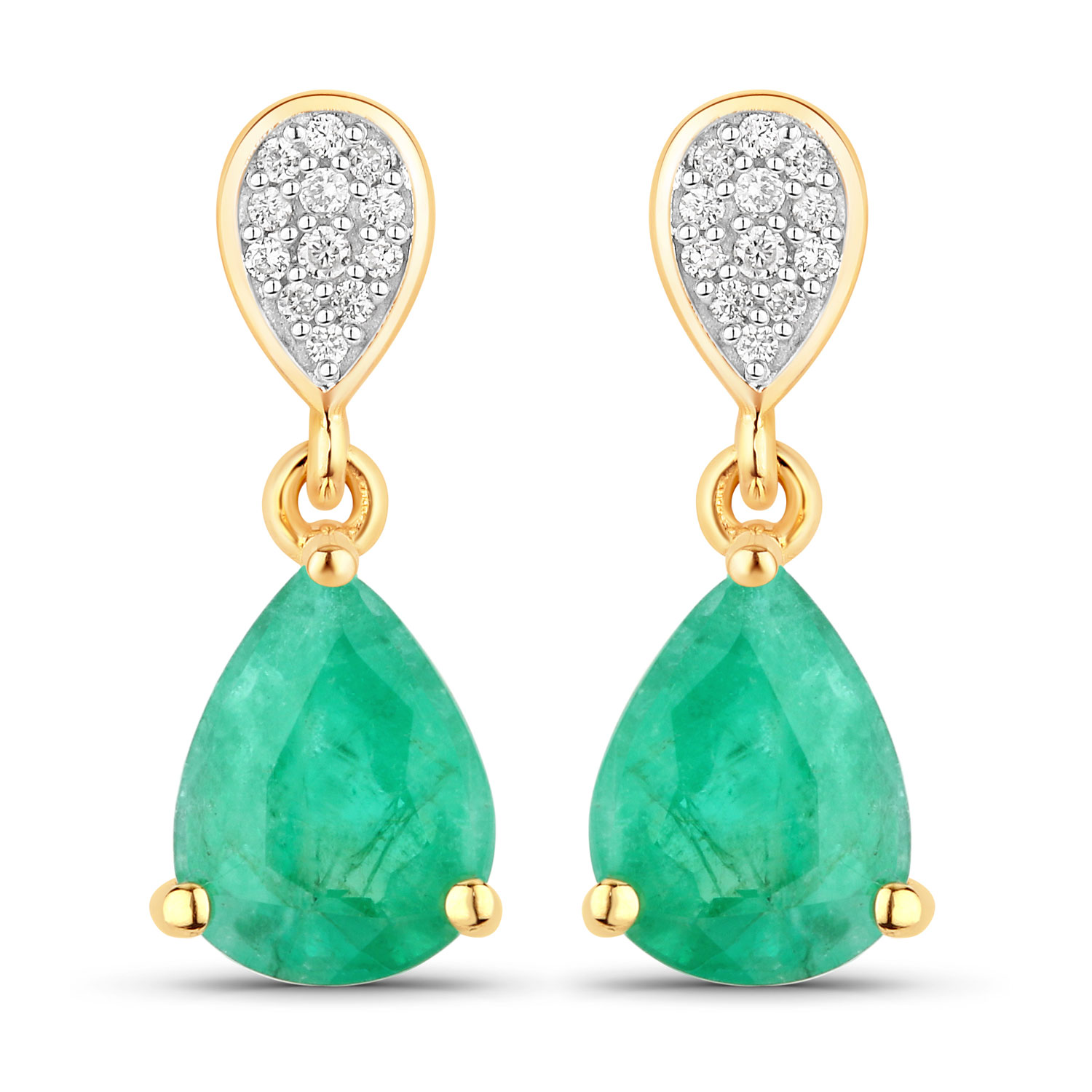 2.28 Carat Genuine Zambian Emerald and White Diamond 14K Yellow Gold Earrings