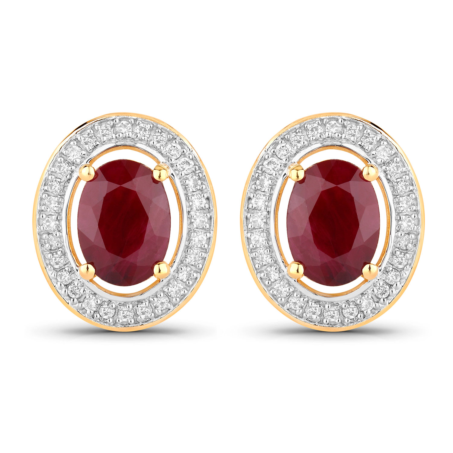 14K Yellow Gold Earrings 1.92 Carat Ruby Oval Cut with White Diamond 0.2ct (Vault_Q)