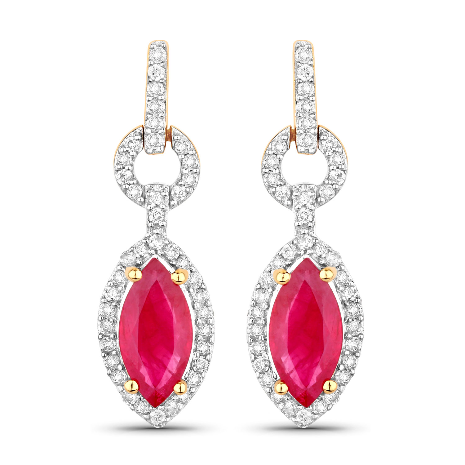 1.23 Carat Genuine Ruby and White Diamond 14K Yellow Gold Earrings