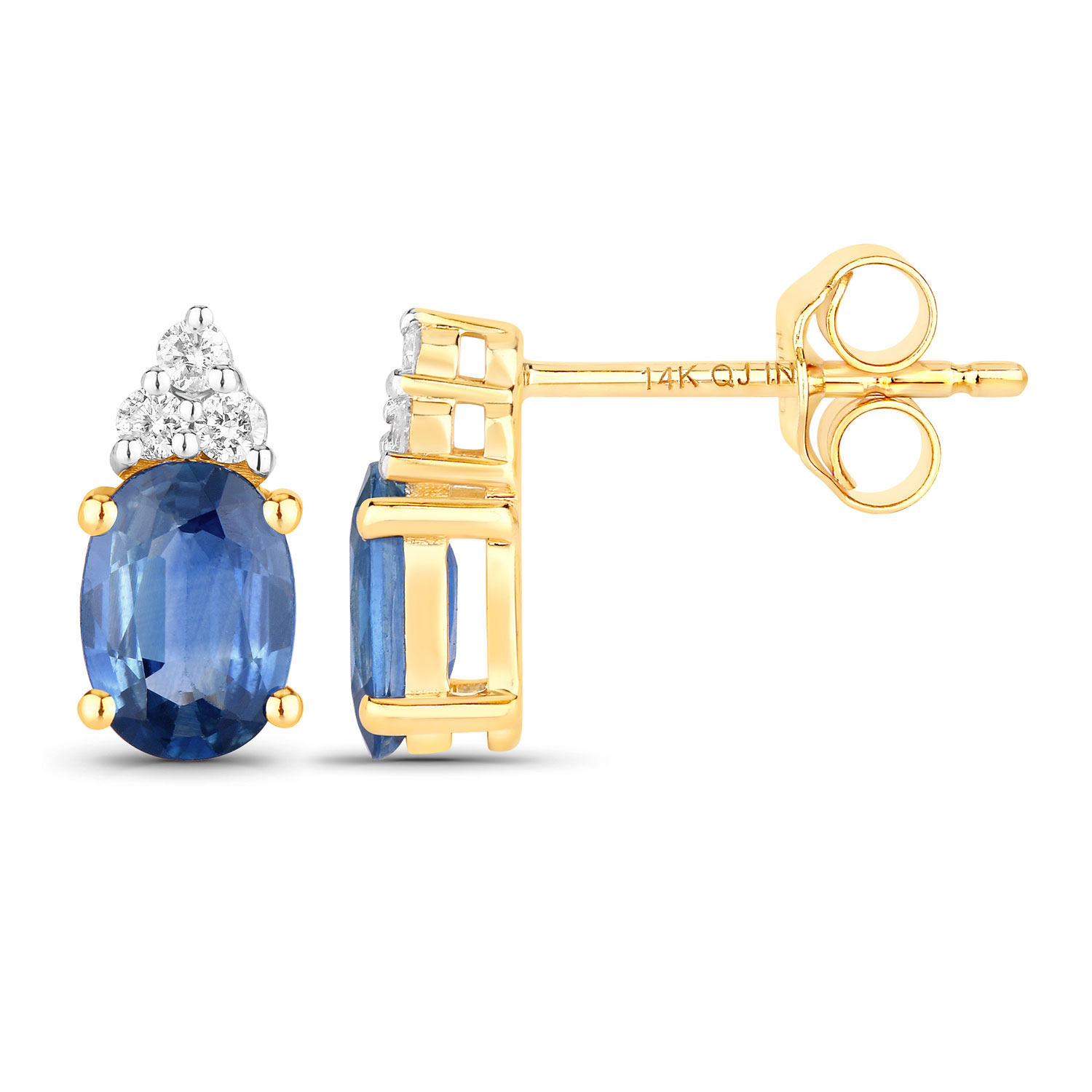 1.52 Carat Genuine Blue Sapphire and White Diamond 14K Yellow Gold Earrings