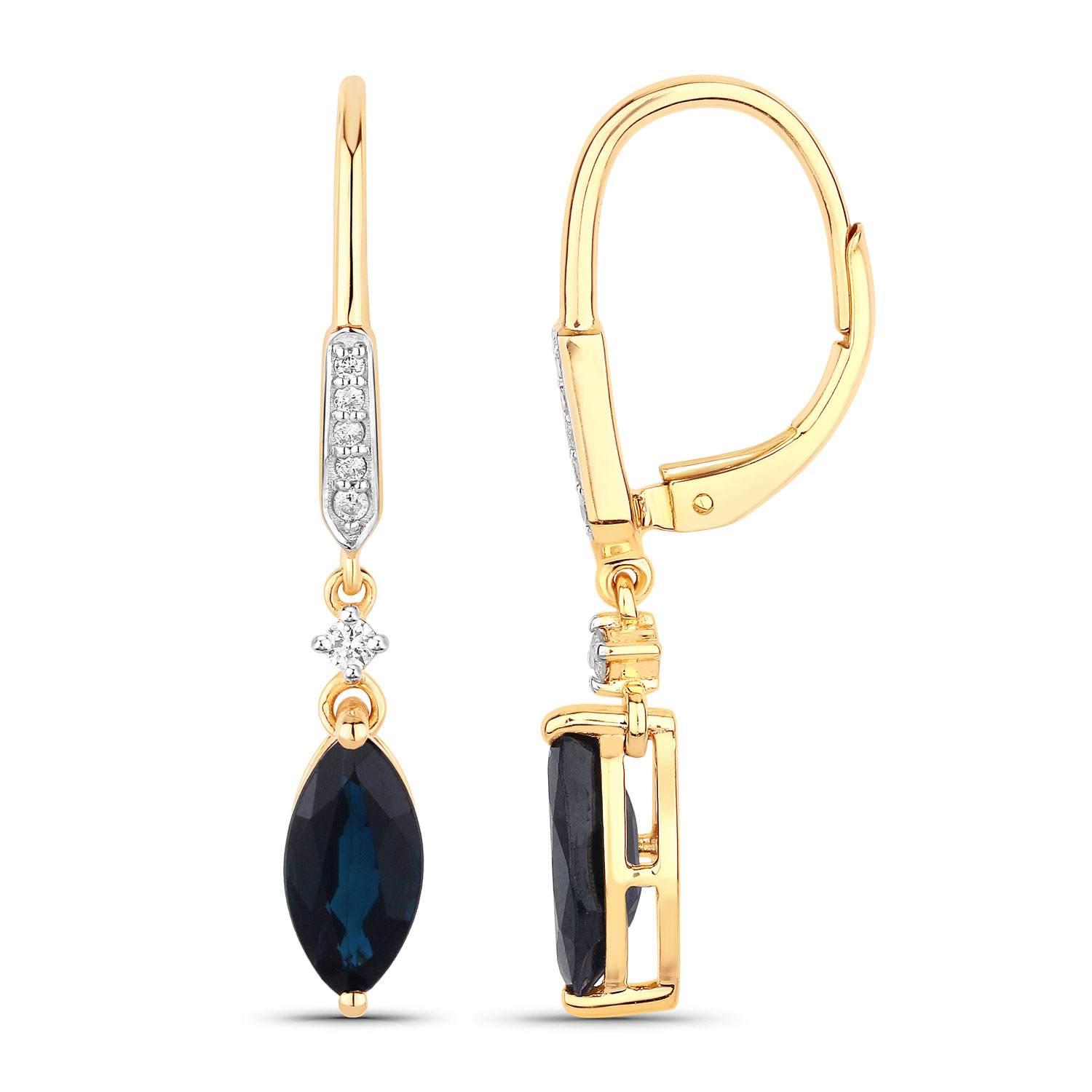 2.73 Carat Genuine Blue Sapphire and White Diamond 14K Yellow Gold Earrings