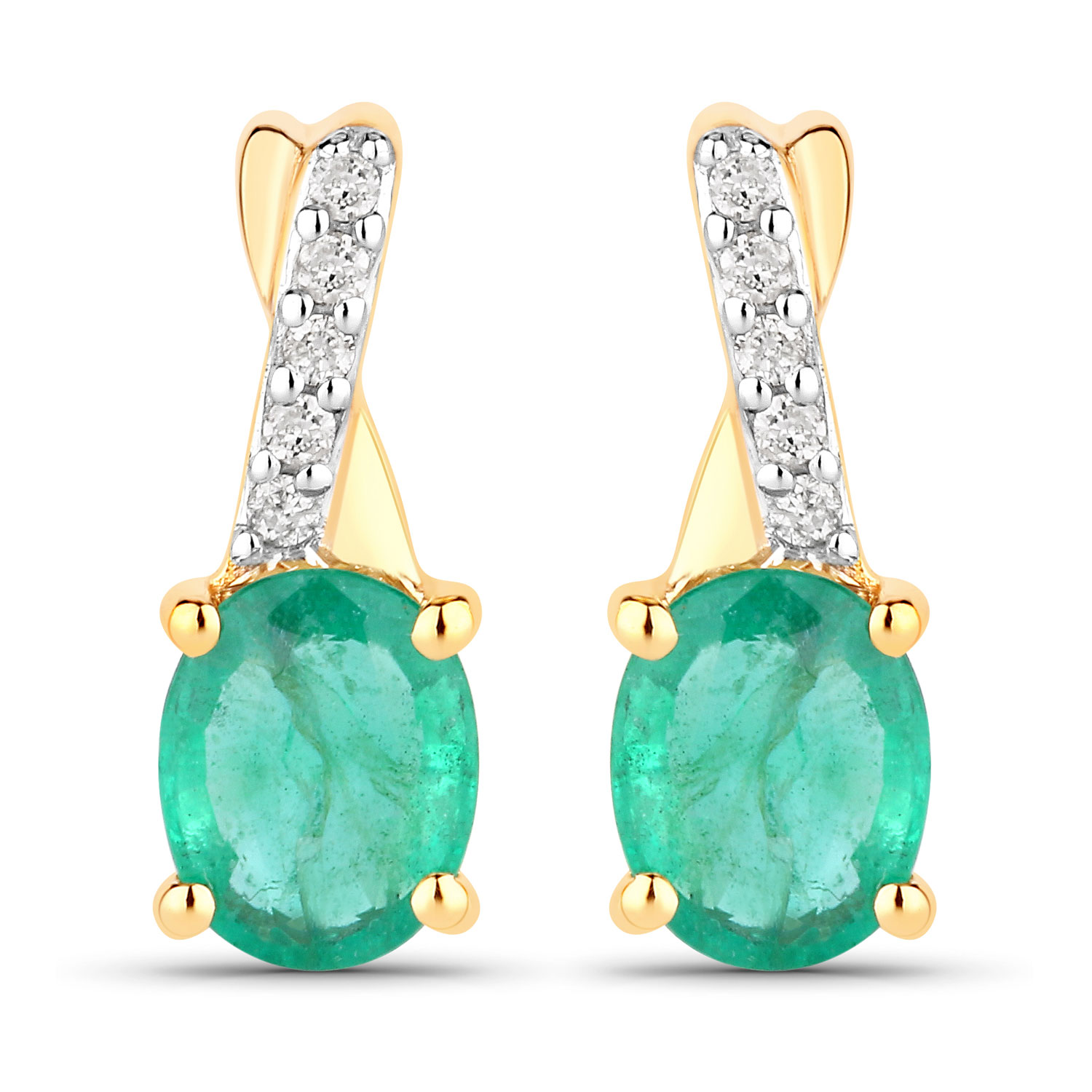 1.27 Carat Genuine Zambian Emerald and White Diamond 14K Yellow Gold Earrings