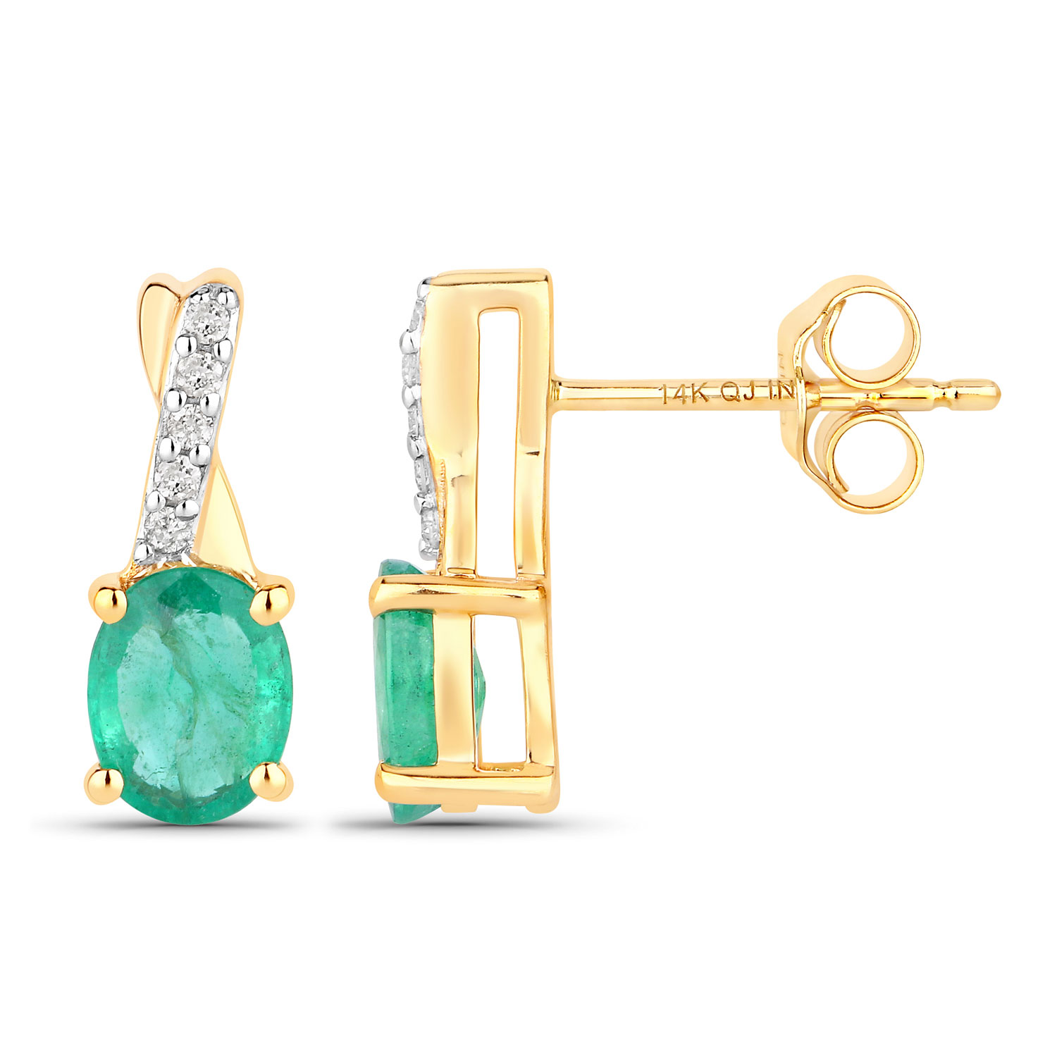 1.27 Carat Genuine Zambian Emerald and White Diamond 14K Yellow Gold Earrings