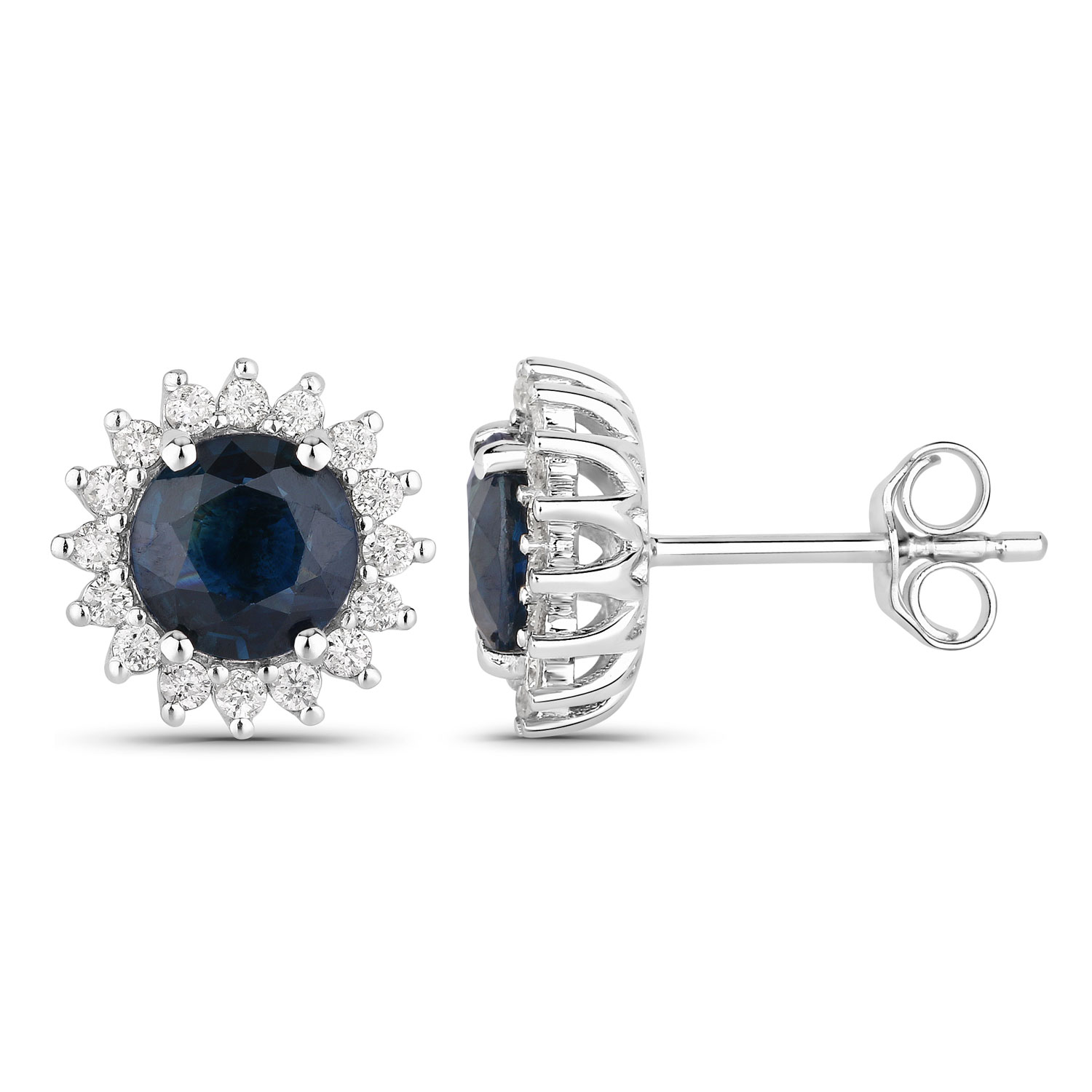 2.38 Carat Genuine Blue Sapphire and White Diamond 14K White Gold Earrings