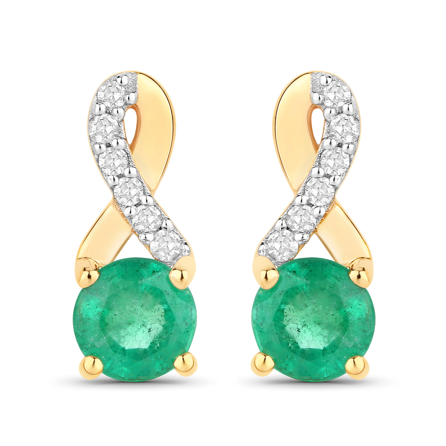 0.52 Carat Genuine Zambian Emerald and White Diamond 14K Yellow Gold Earrings