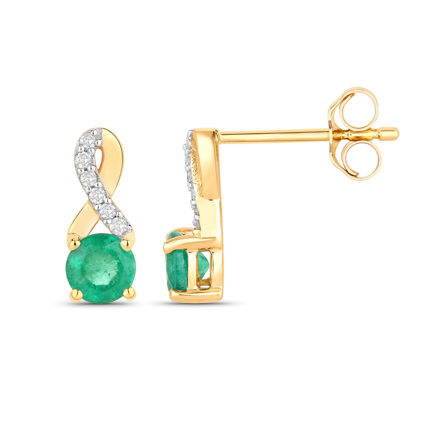 0.52 Carat Genuine Zambian Emerald and White Diamond 14K Yellow Gold Earrings