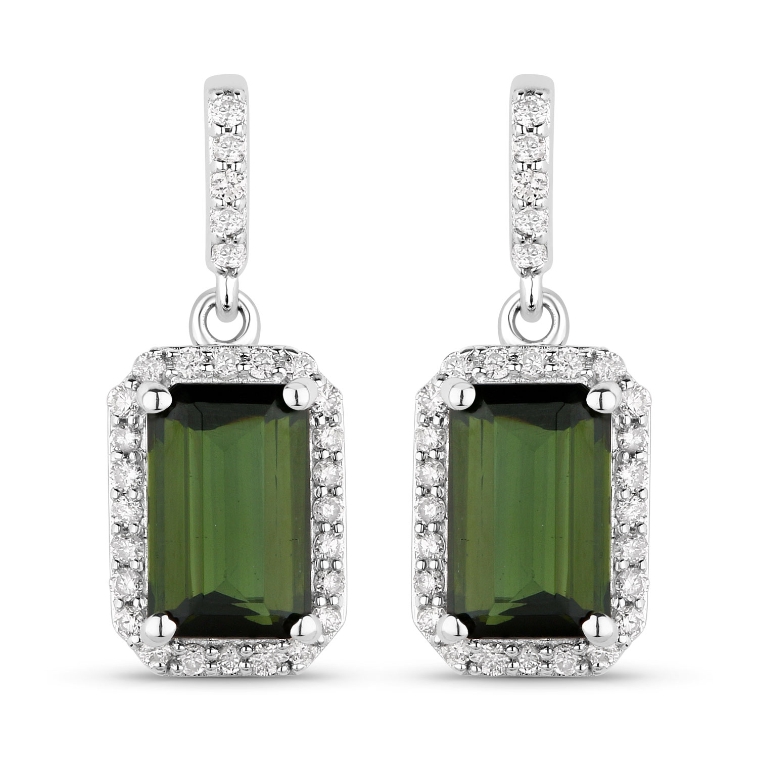 14K White Gold Earrings 2.5 Carat Tourmaline Octagon Cut with White Diamond 0.26ct (Vault_Q)