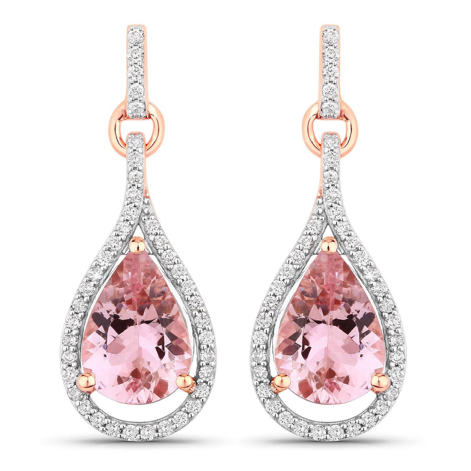 14K Rose Gold Earrings 3 Carat Morganite Pear Cut with White Diamond 0.36ct (Vault_Q)