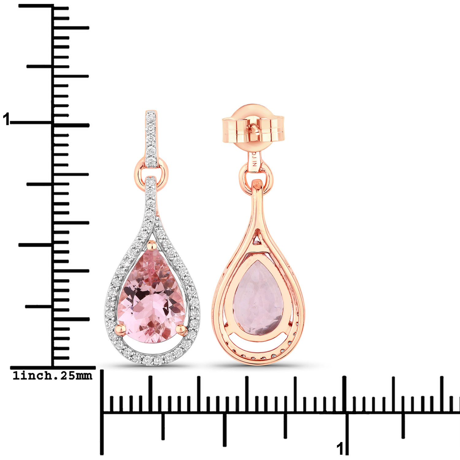 14K Rose Gold Earrings 3 Carat Morganite Pear Cut with White Diamond 0.36ct (Vault_Q) - Image 3
