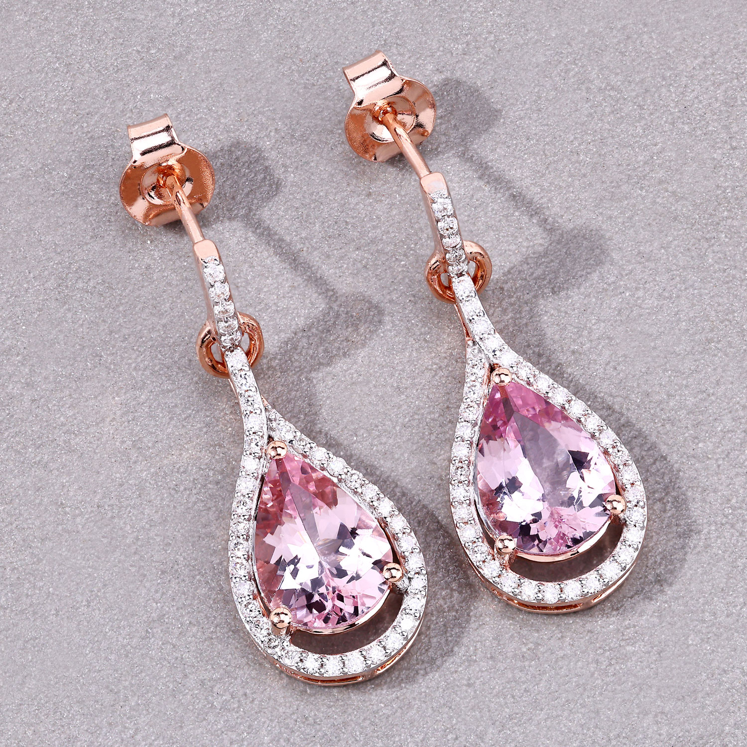 14K Rose Gold Earrings 3 Carat Morganite Pear Cut with White Diamond 0.36ct (Vault_Q) - Image 4