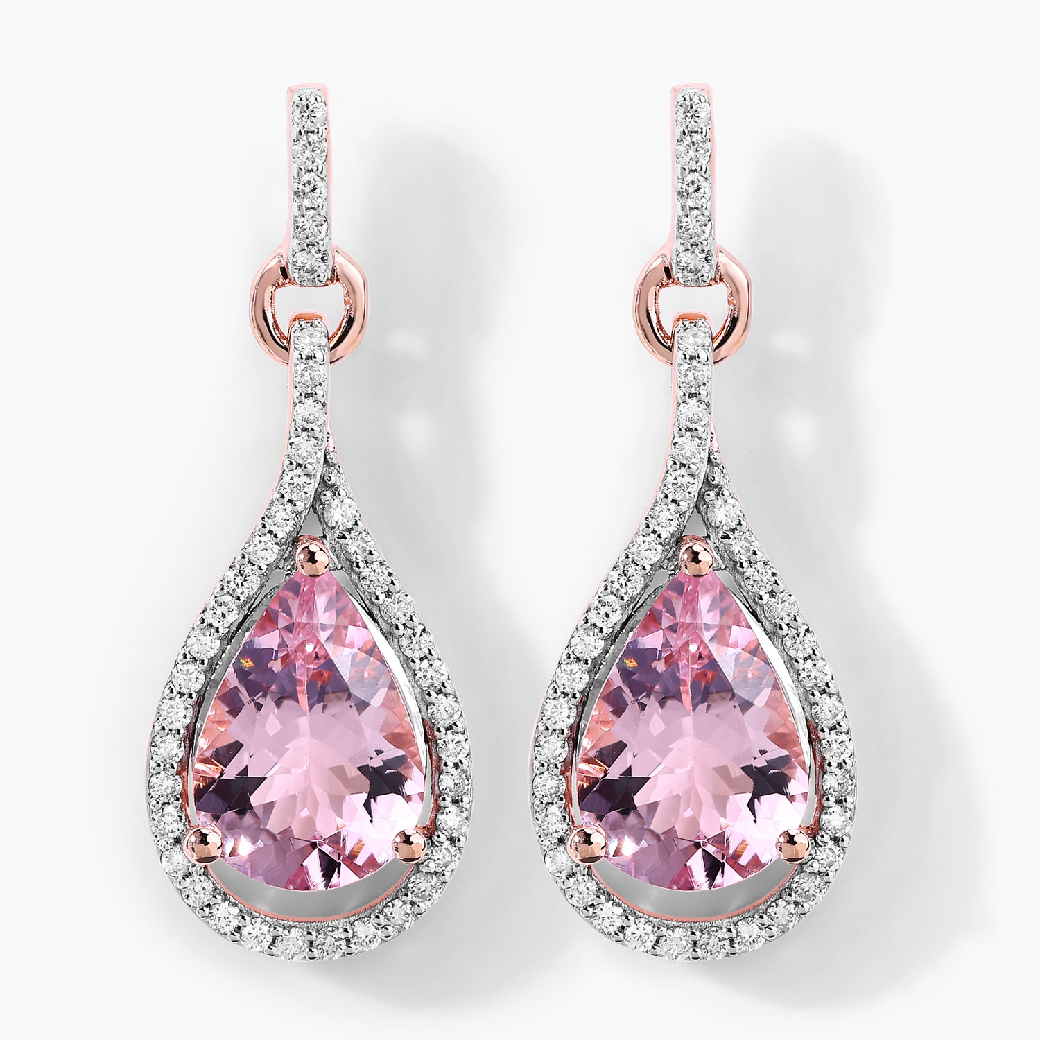 14K Rose Gold Earrings 3 Carat Morganite Pear Cut with White Diamond 0.36ct (Vault_Q) - Image 5